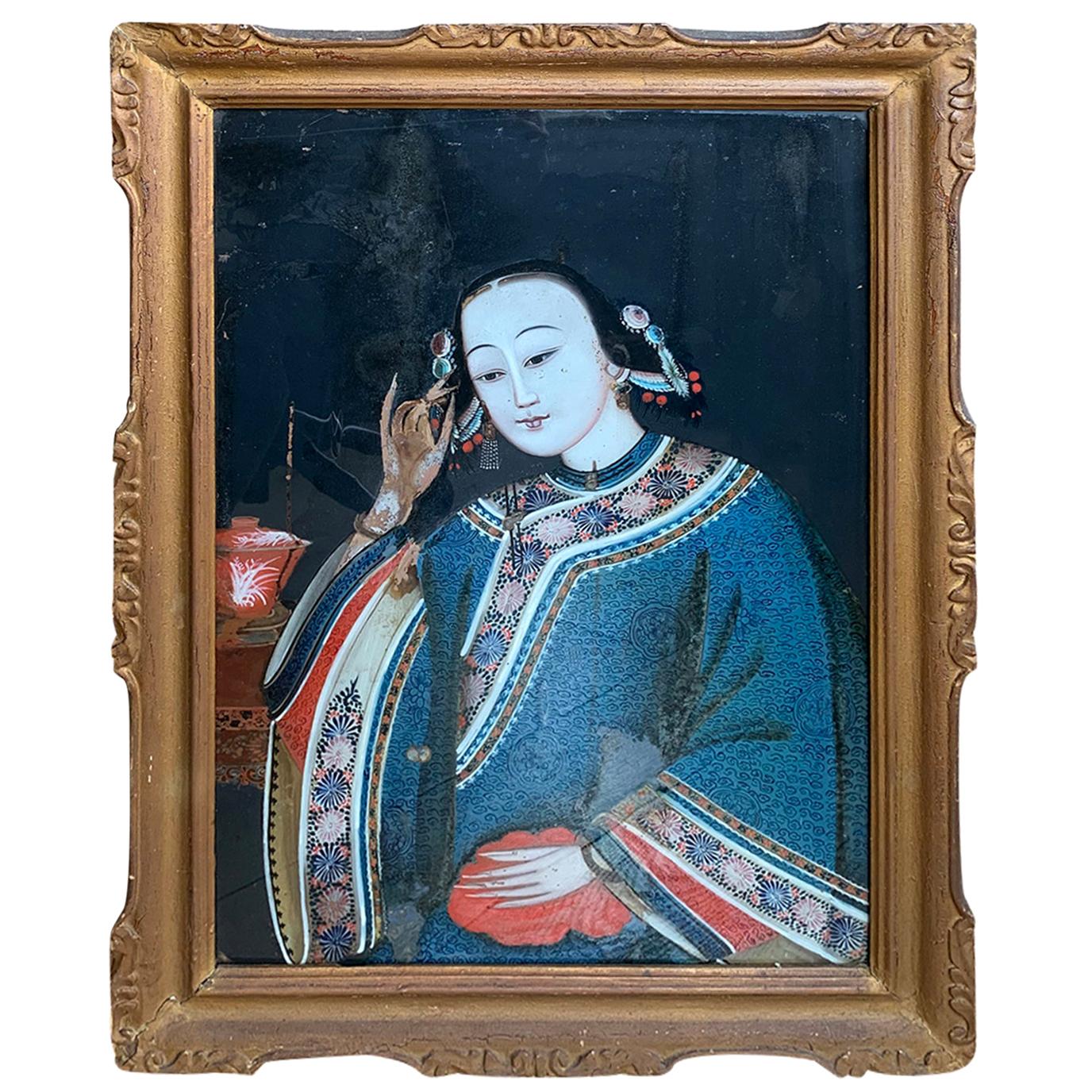 19th Century to Turn of the Century Chinese Framed Portrait Painting of Woman For Sale