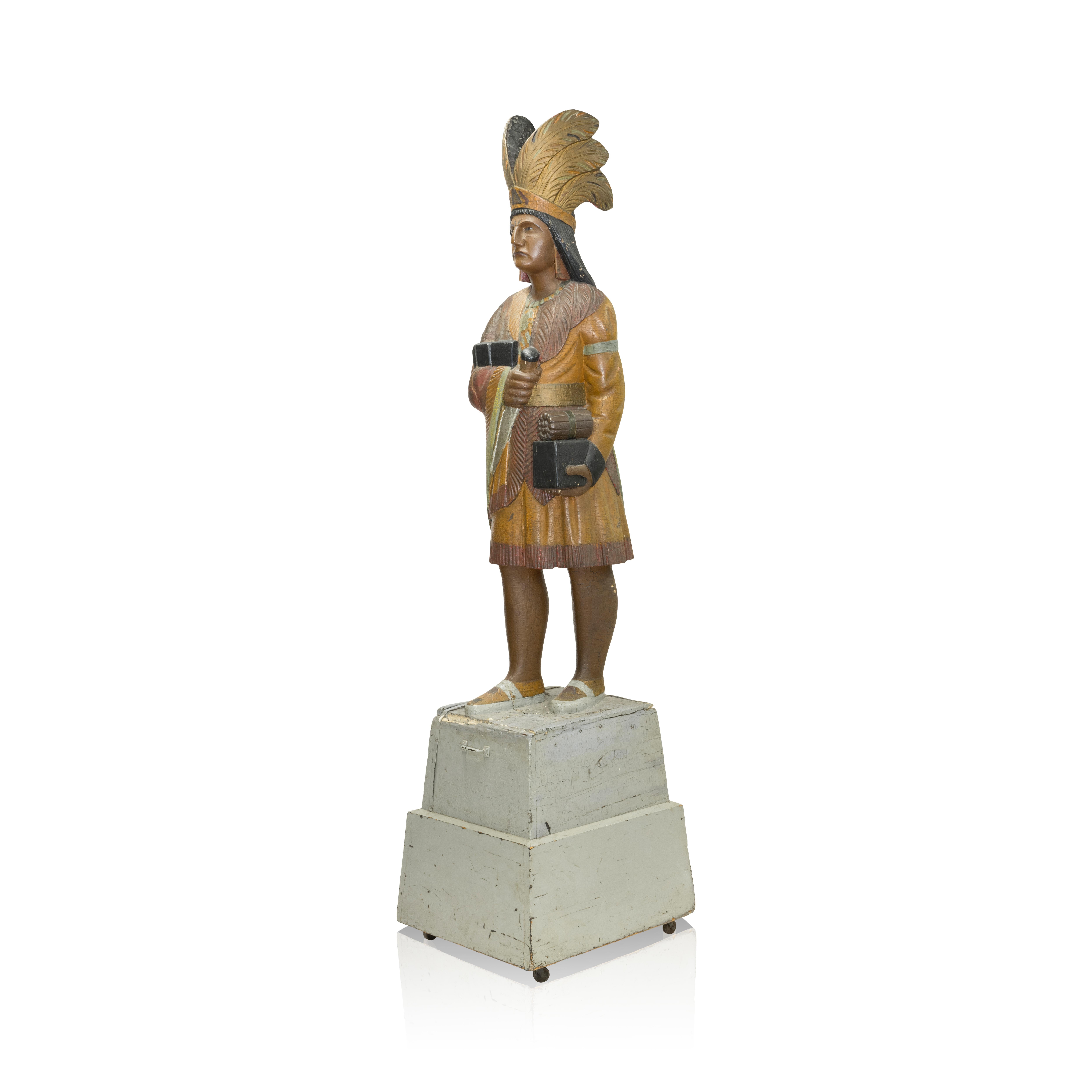19th Century Native Tobacco Trade Sign attributed to Samuel Robb (1851-1928). The statue is in fair age-appropriate but sound condition, some damage and cracks to the base, overall cracks to the wood and to the paint layer, some paint loss. 

Samuel