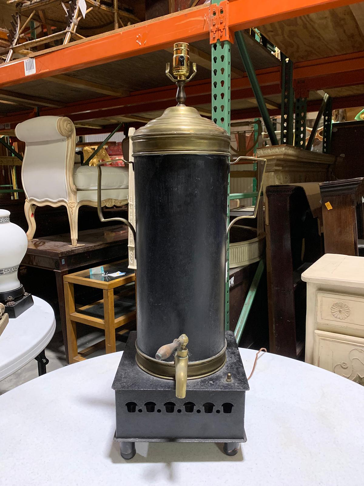 19th century tole and brass hot water urn as lamp
New wiring.