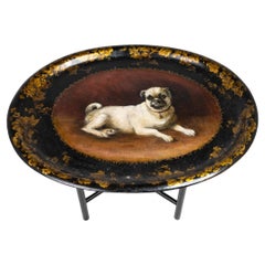 19th Century Tole Hand Painted Oval Tray on a Folding Wooden Stand