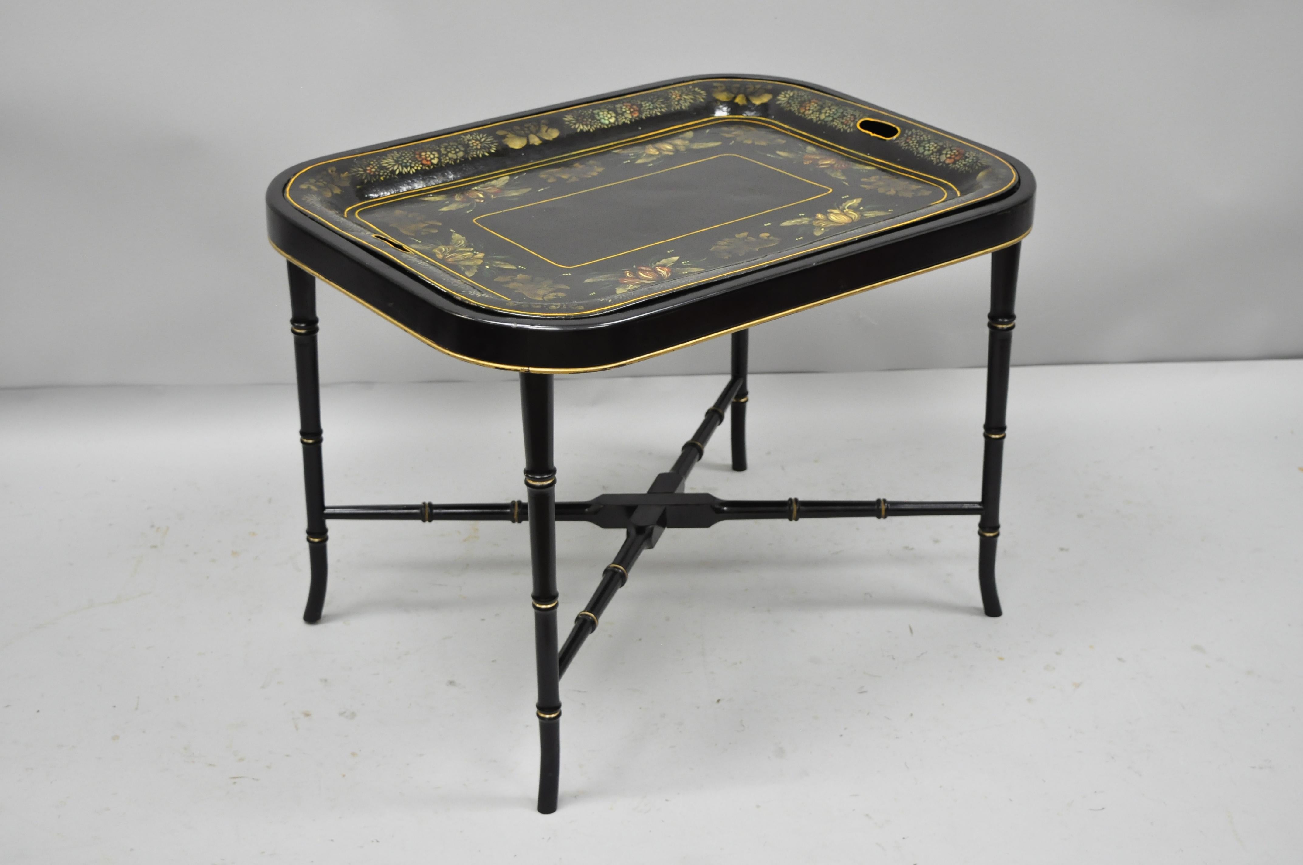 19th Century Tole Metal Serving Tray with Black Faux Bamboo Coffee Table Base 5