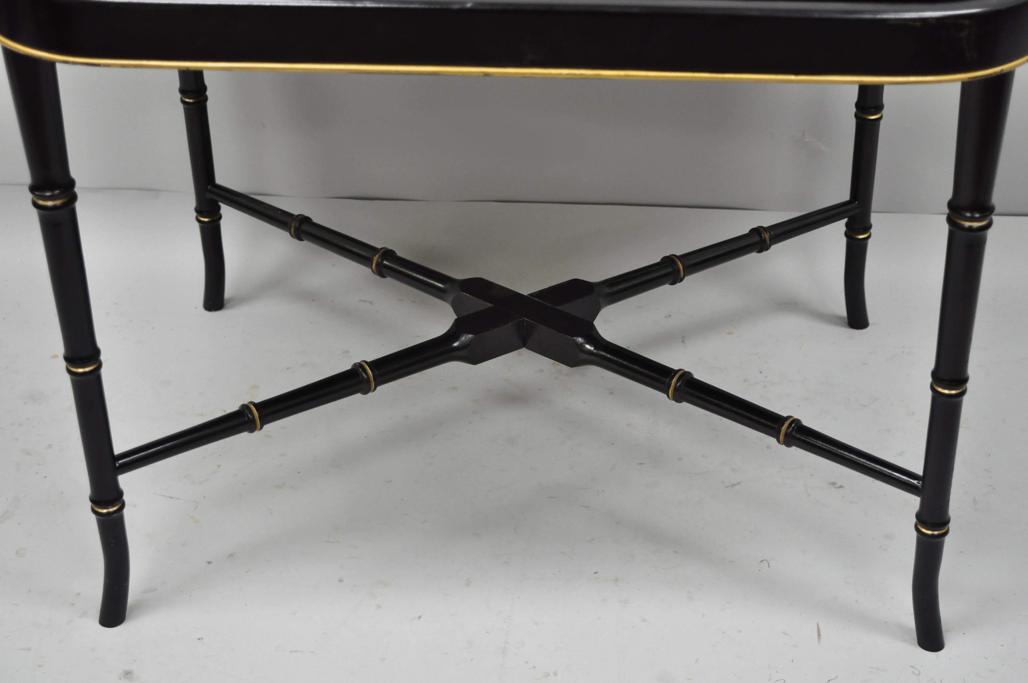 American 19th Century Tole Metal Serving Tray with Black Faux Bamboo Coffee Table Base