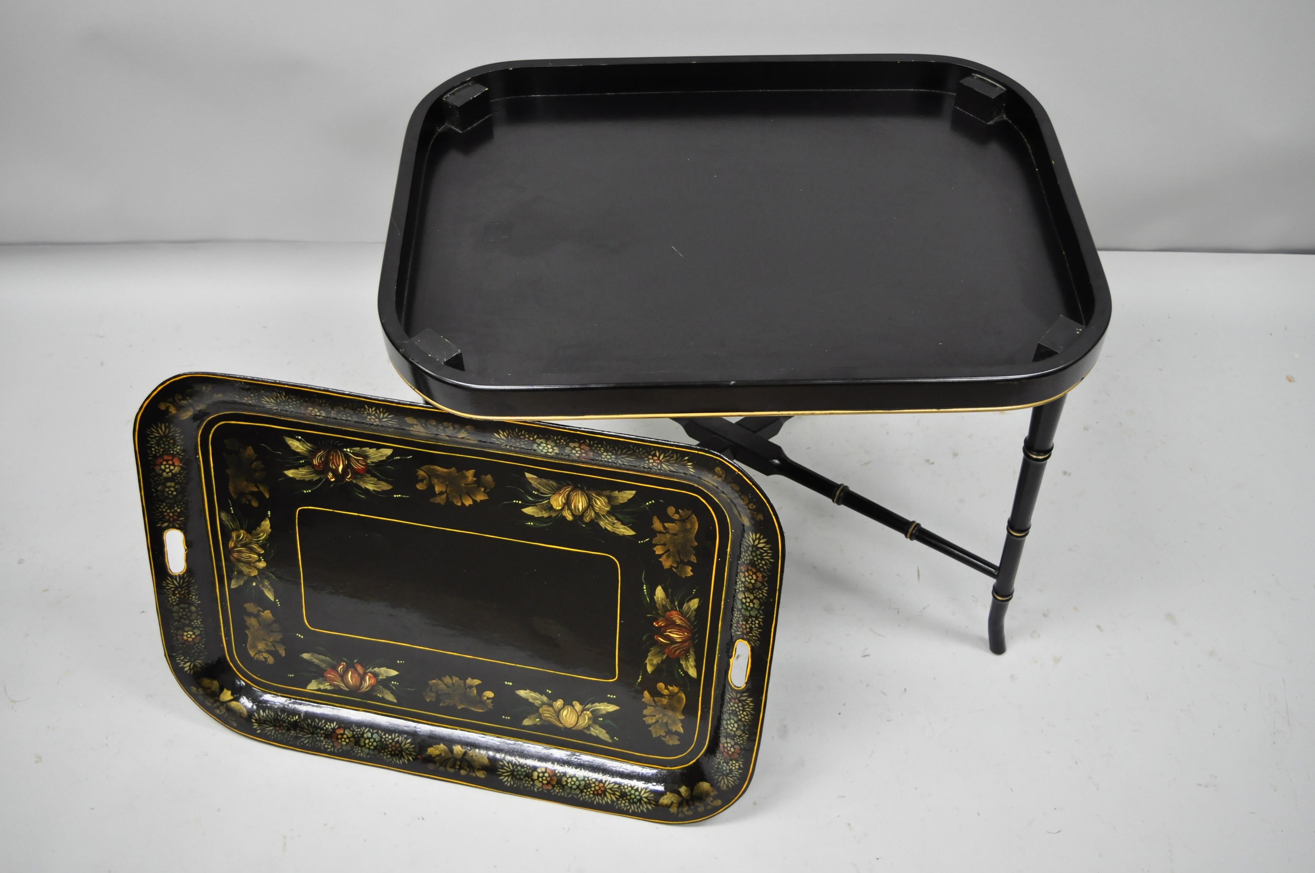 19th Century Tole Metal Serving Tray with Black Faux Bamboo Coffee Table Base In Good Condition In Philadelphia, PA