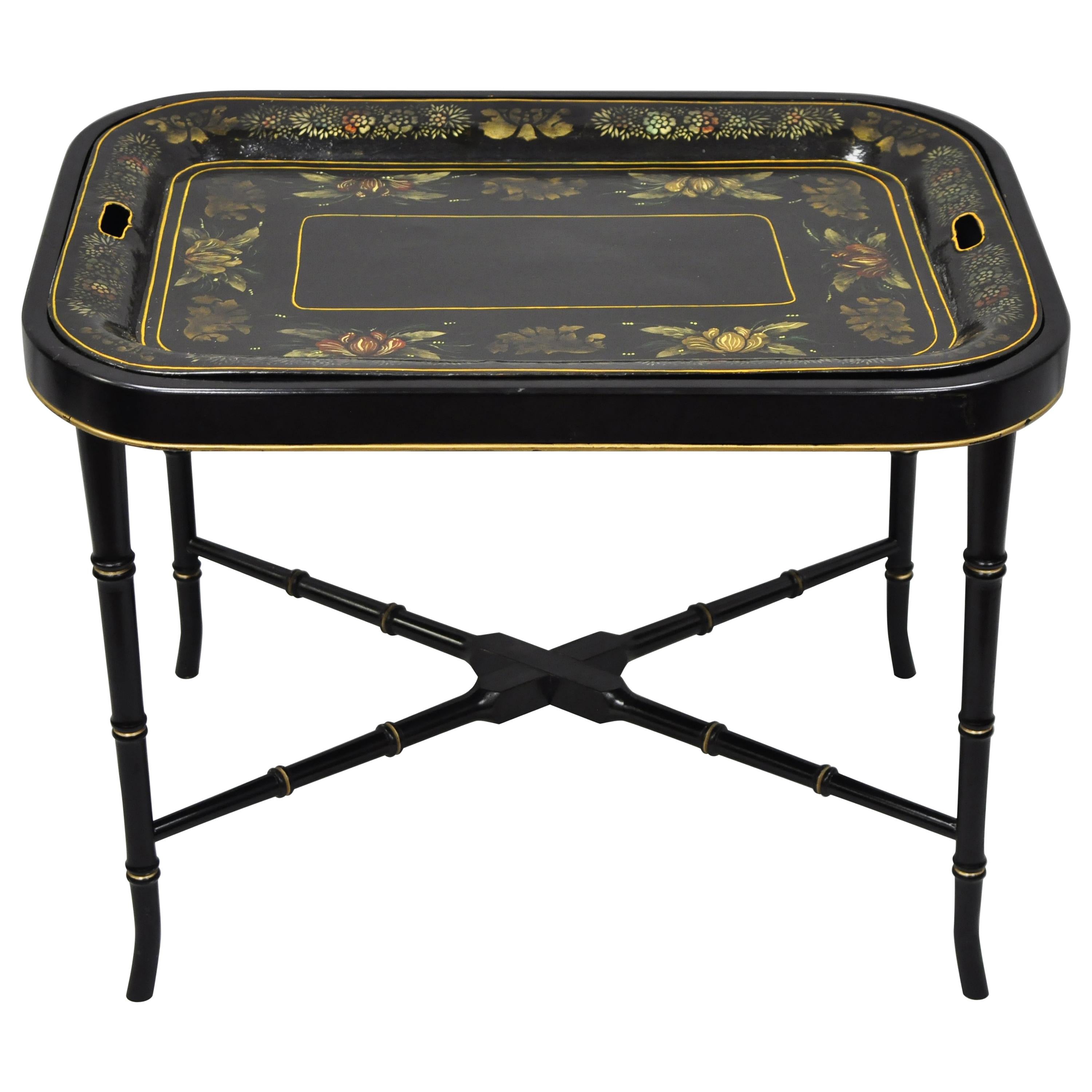 19th Century Tole Metal Serving Tray with Black Faux Bamboo Coffee Table Base