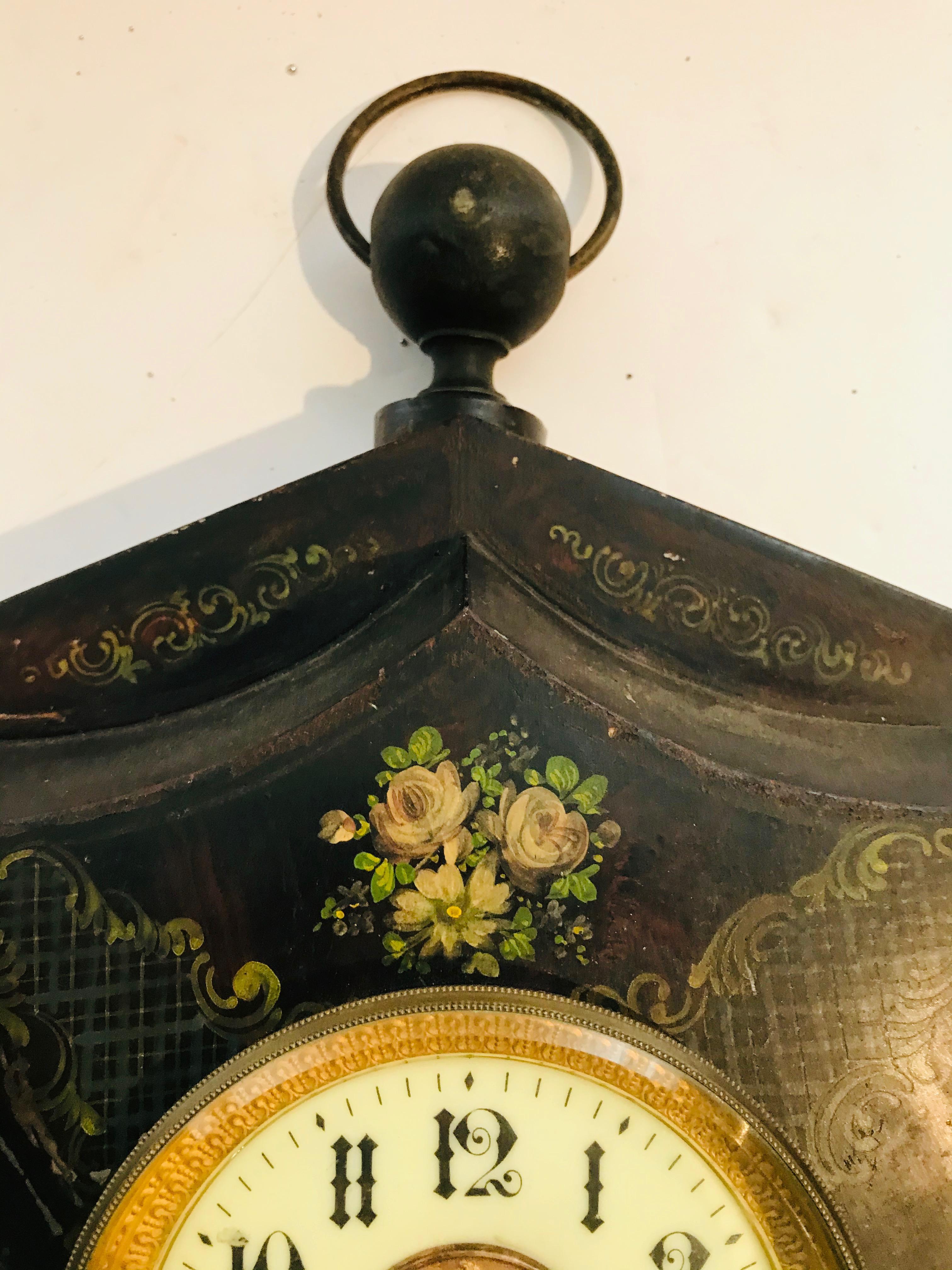 19th Century Tole Painted Decorative Wall Clock For Sale 2