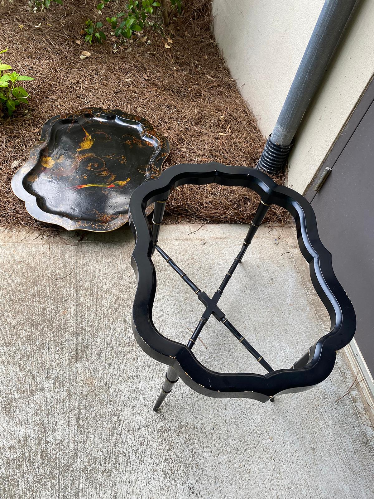 19th Century Tole Tray Table on Custom Ebonized Faux Bamboo Stand 9