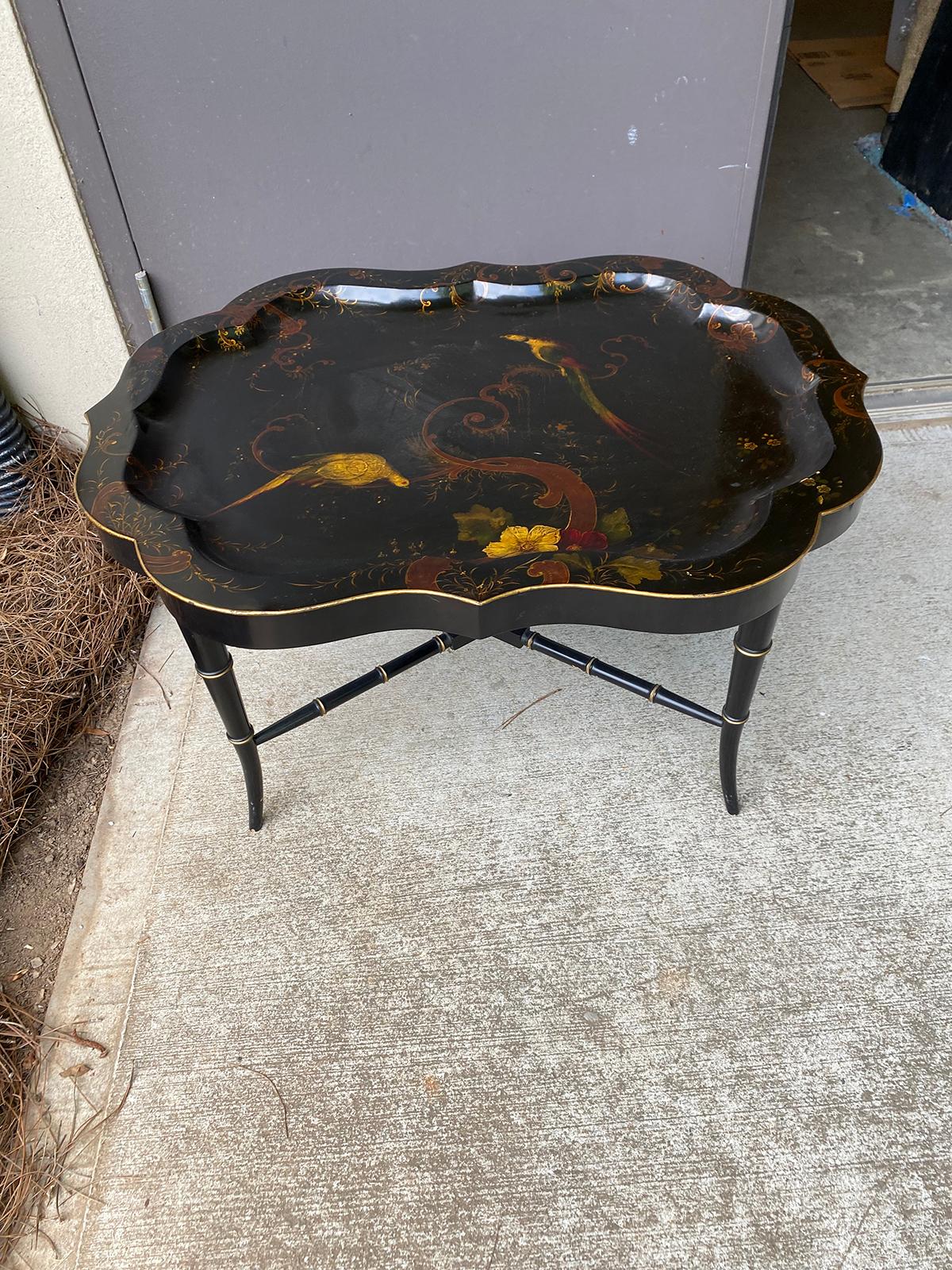 19th Century Tole Tray Table on Custom Ebonized Faux Bamboo Stand 10