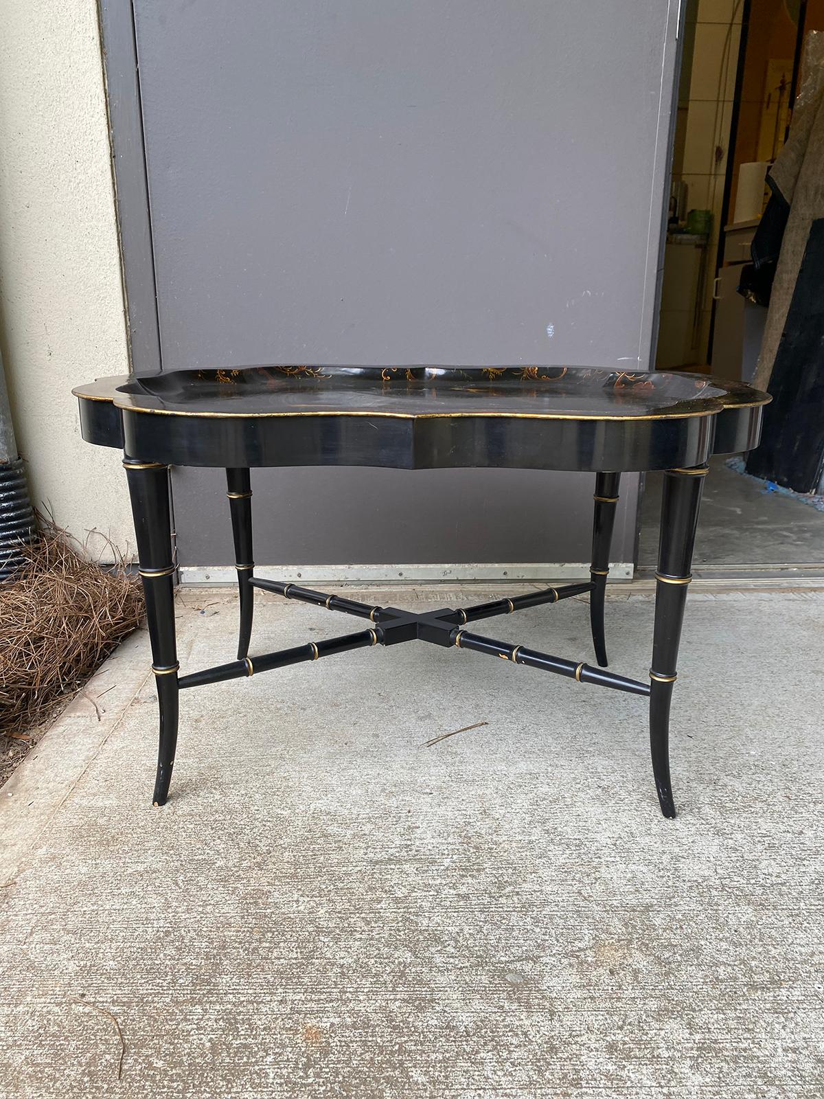 19th century tole tray table on custom ebonized faux bamboo stand.