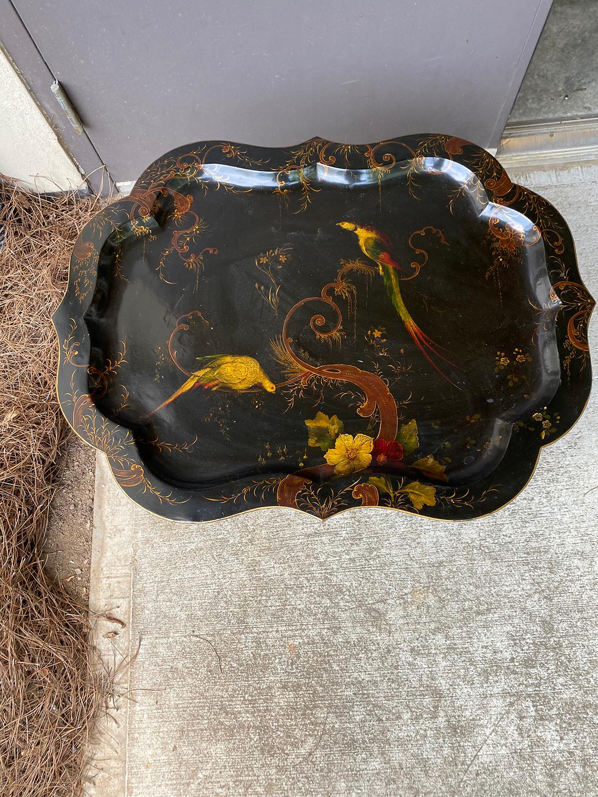 19th Century Tole Tray Table on Custom Ebonized Faux Bamboo Stand In Good Condition In Atlanta, GA