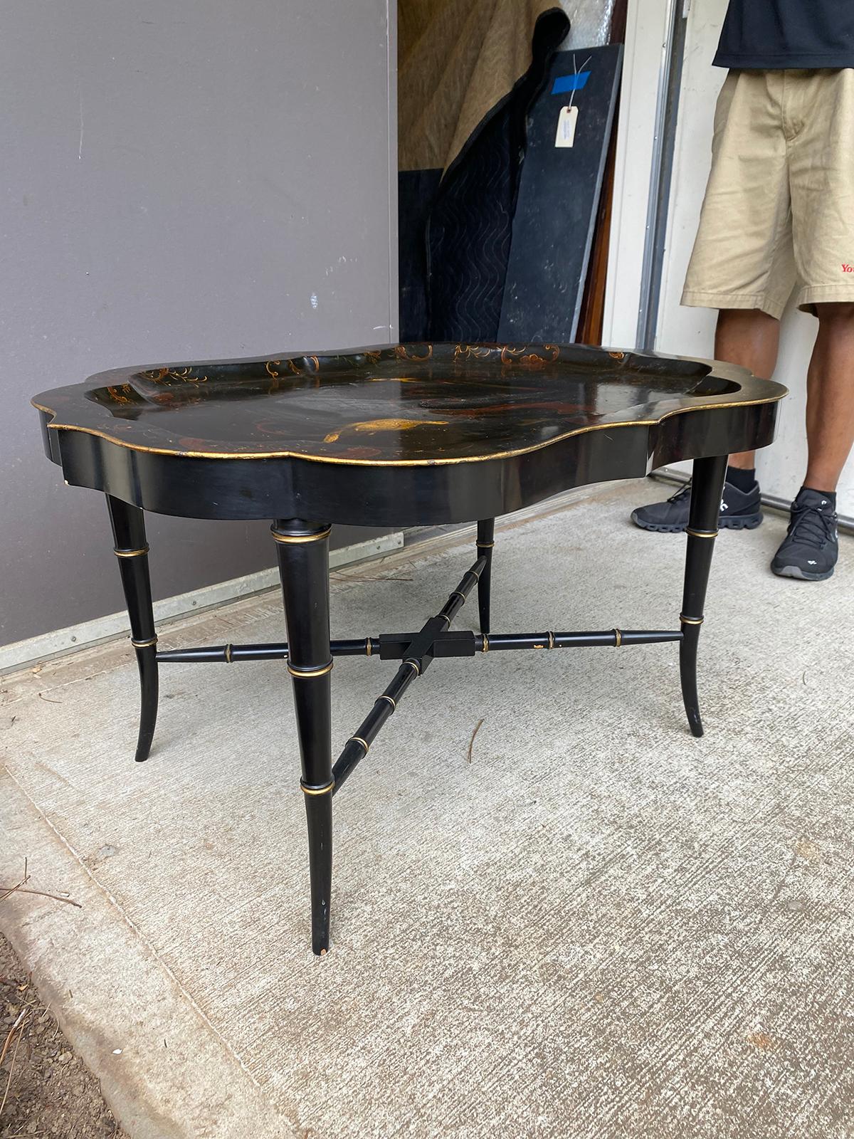 19th Century Tole Tray Table on Custom Ebonized Faux Bamboo Stand 1