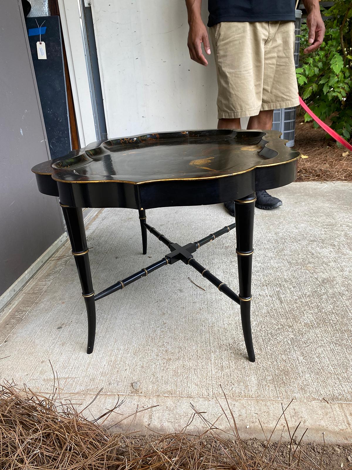 19th Century Tole Tray Table on Custom Ebonized Faux Bamboo Stand 2