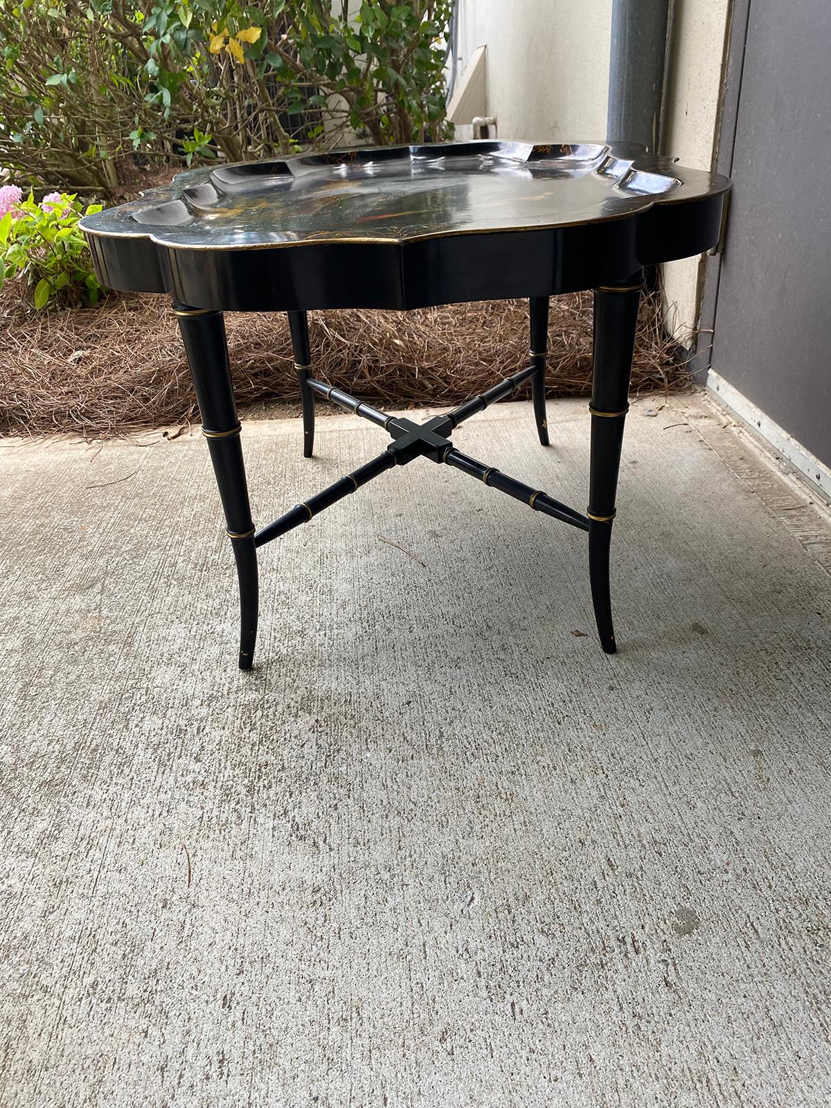 19th Century Tole Tray Table on Custom Ebonized Faux Bamboo Stand 3