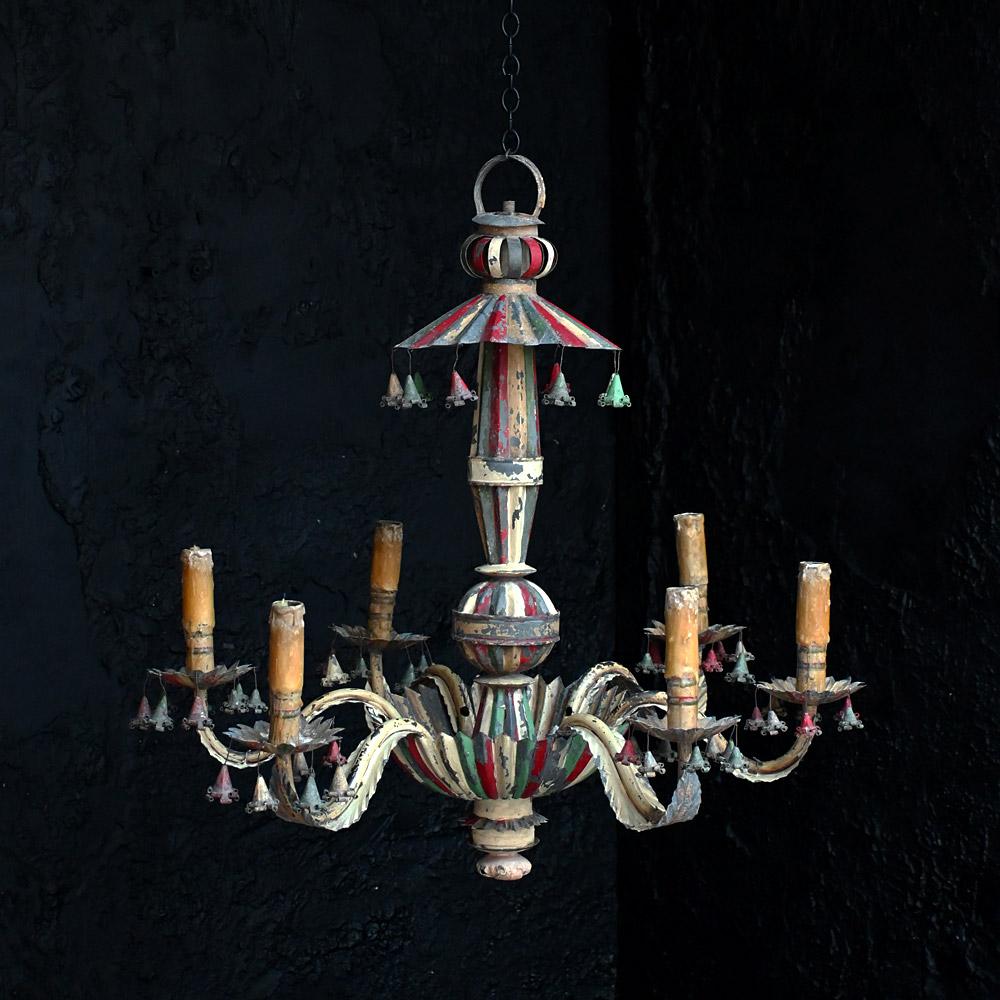 19th Century Toleware English Folk Art Candelabra 
 
An unusual and highly decorative one-off example of a late 19th Century folk art hand crafted English toleware hanging candelabra. In completely original condition but for a few light aged repairs
