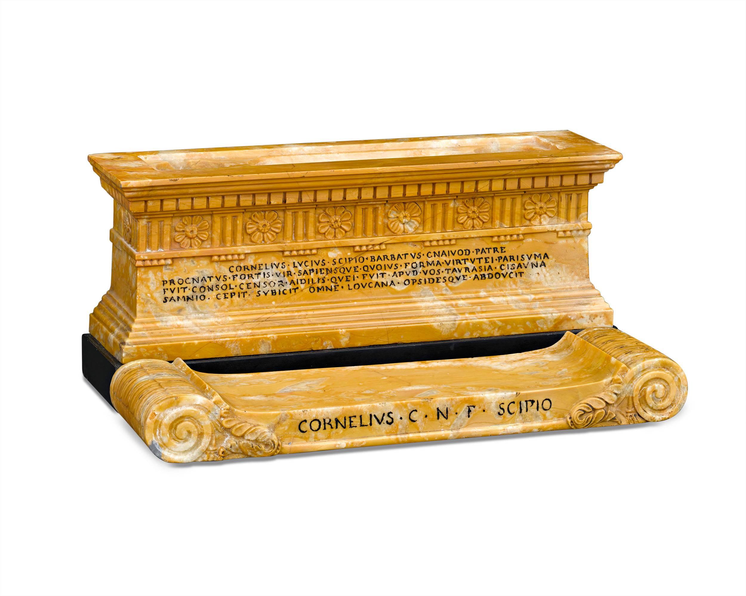 This incredible Grand Tour inkwell relic takes the form of the ancient Tomb of the Scipios, a family of Roman war heroes and generals. Beautifully carved entirely of Siena marble, the inkwell's design is masterful and precise to the original