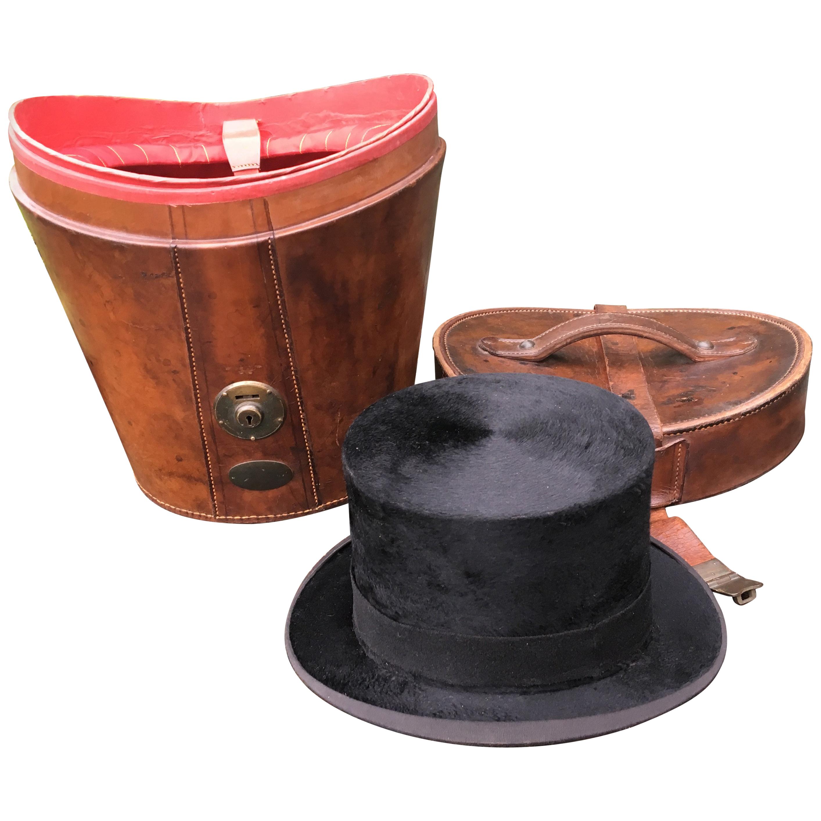 19th Century Top Hat in Leather Case, English, circa 1850