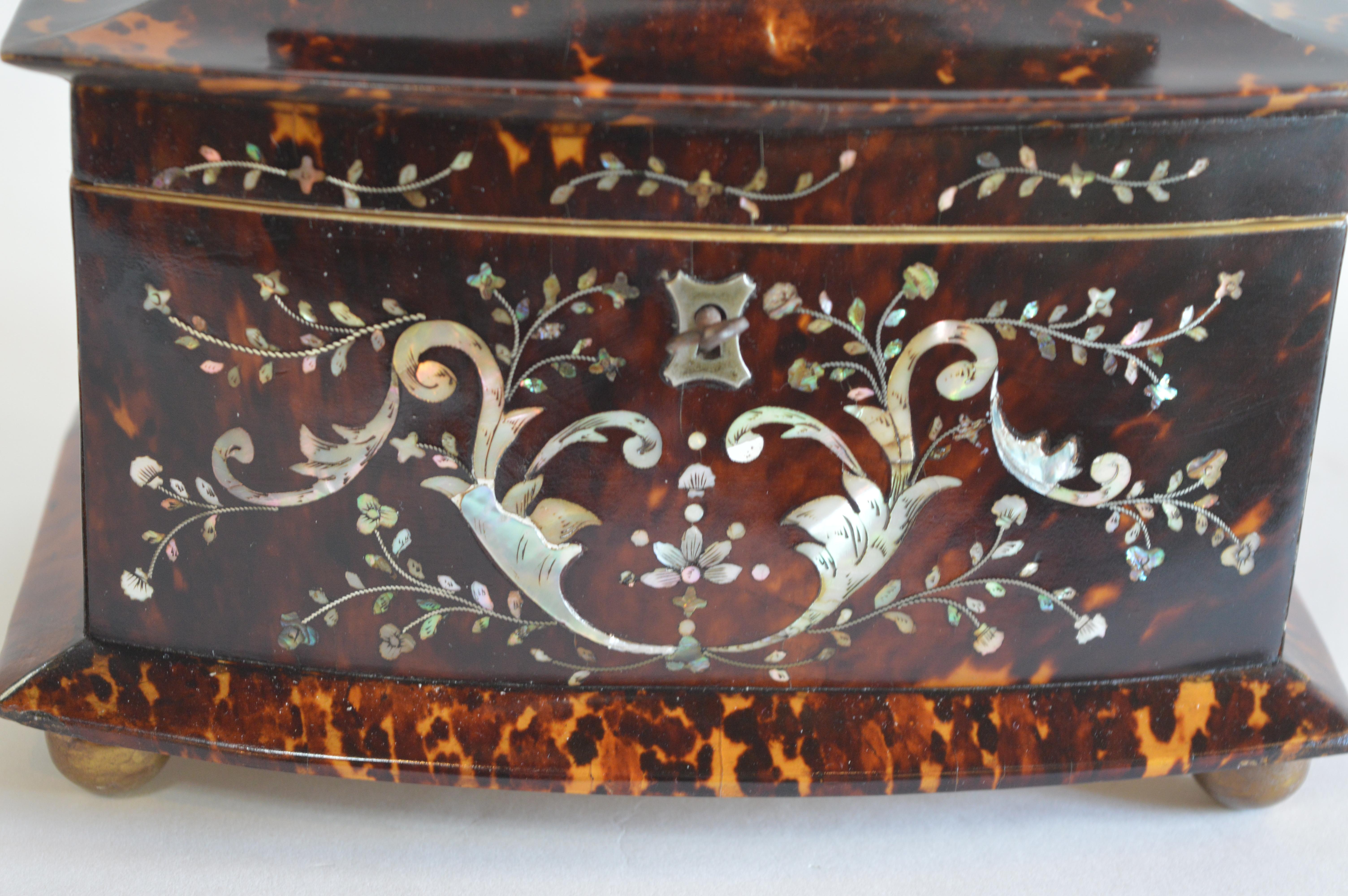 English 19th Century Tortoise Shell and Mother of Pearl Inlaid Tea Caddy