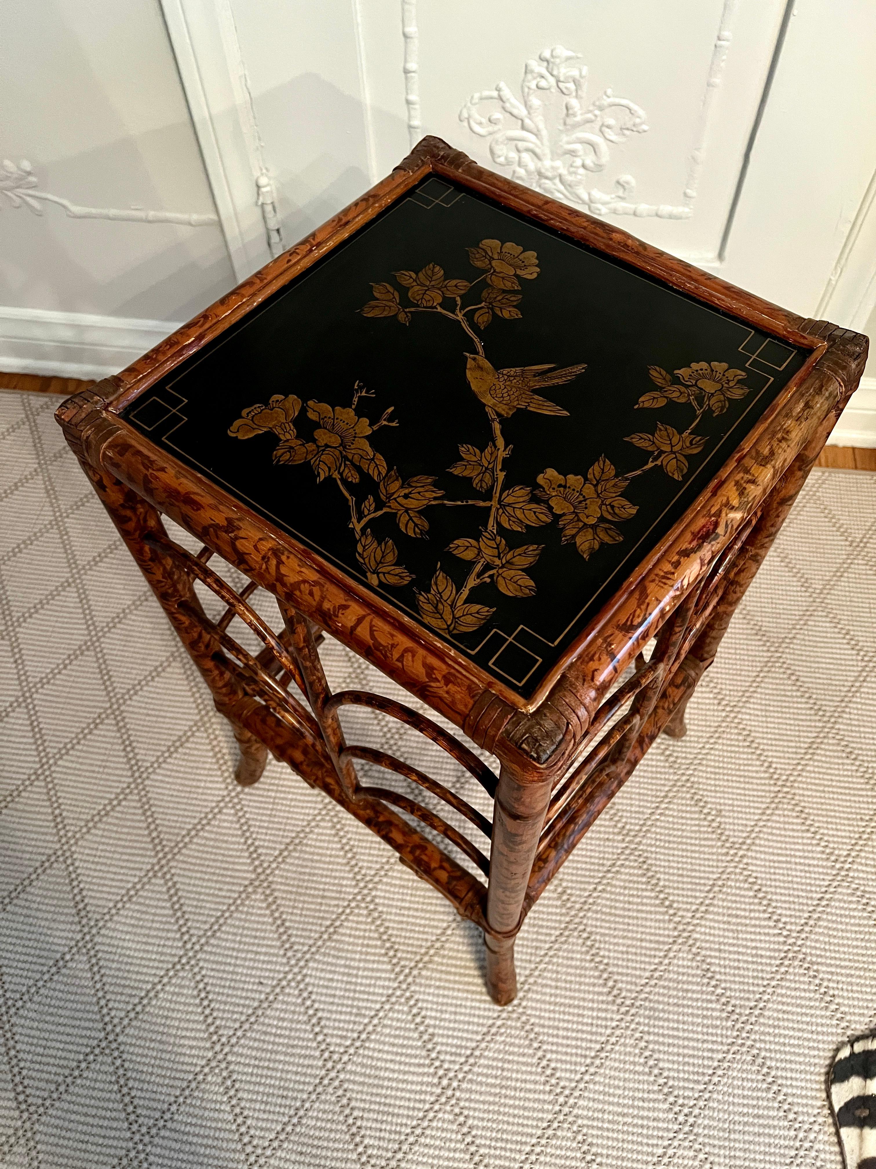 19th Century Tortoise Shell Bamboo Side Table with Chinoiserie Branches and Bird 7
