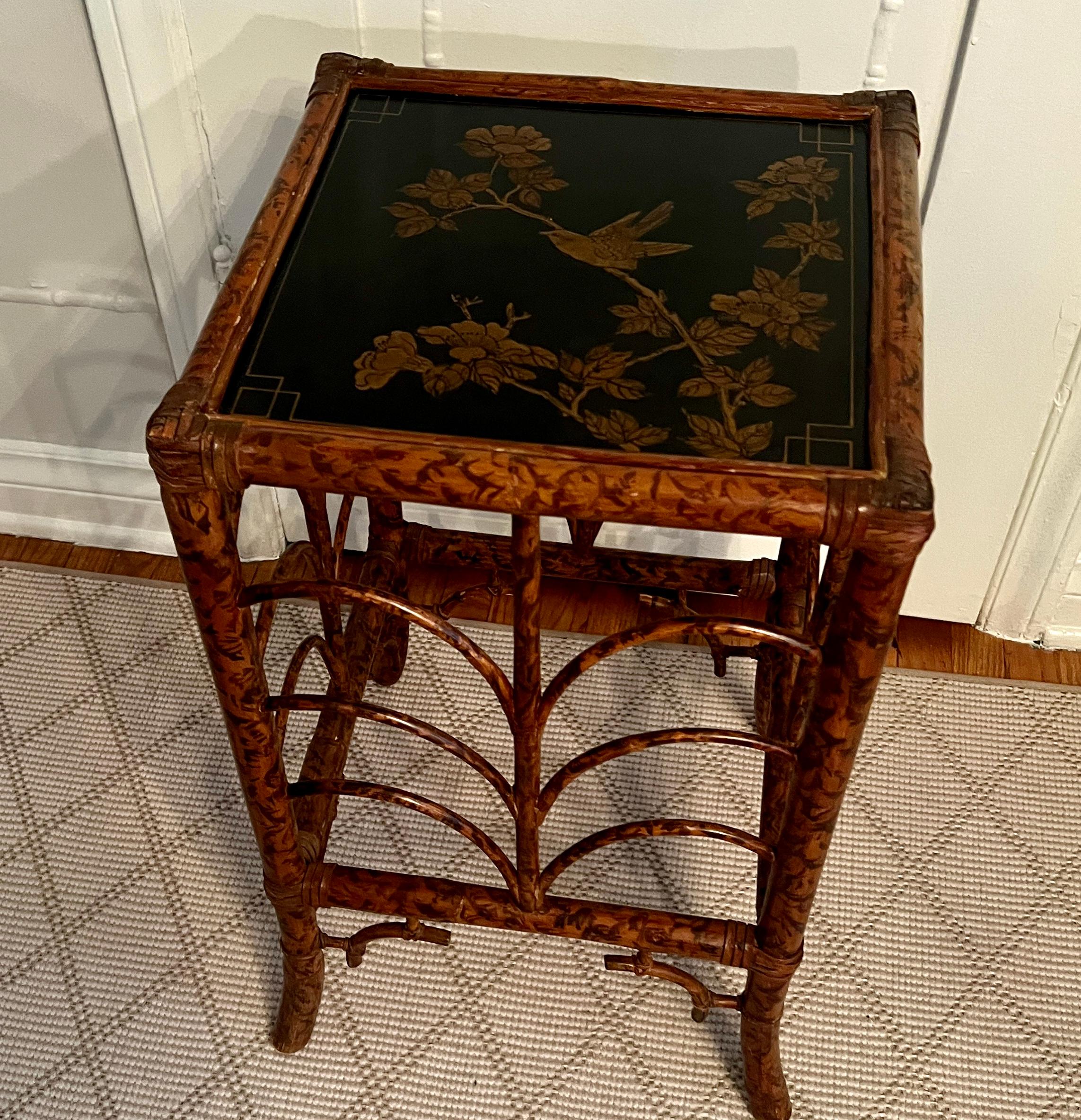 19th Century Tortoise Shell Bamboo Side Table with Chinoiserie Branches and Bird 8