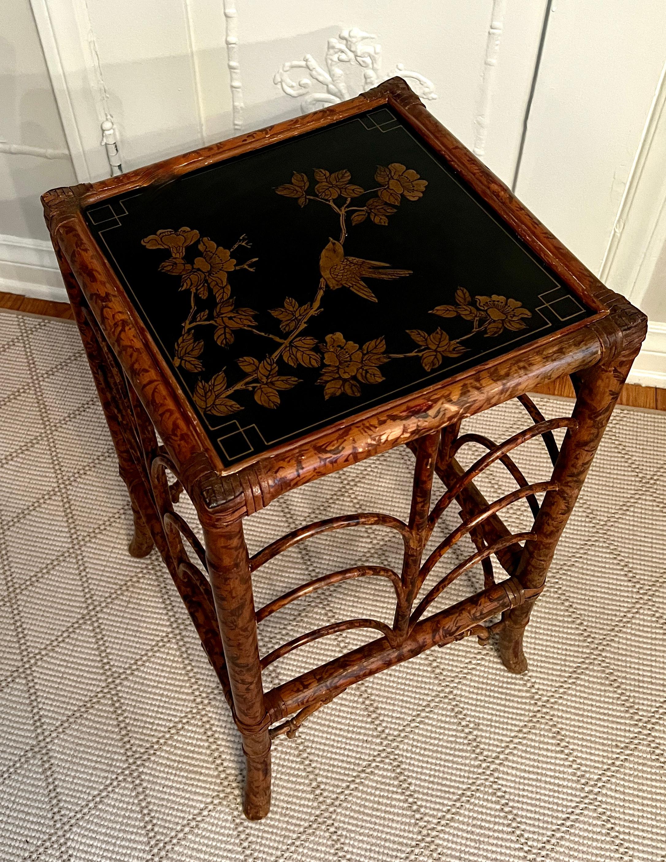 Hand-Crafted 19th Century Tortoise Shell Bamboo Side Table with Chinoiserie Branches and Bird