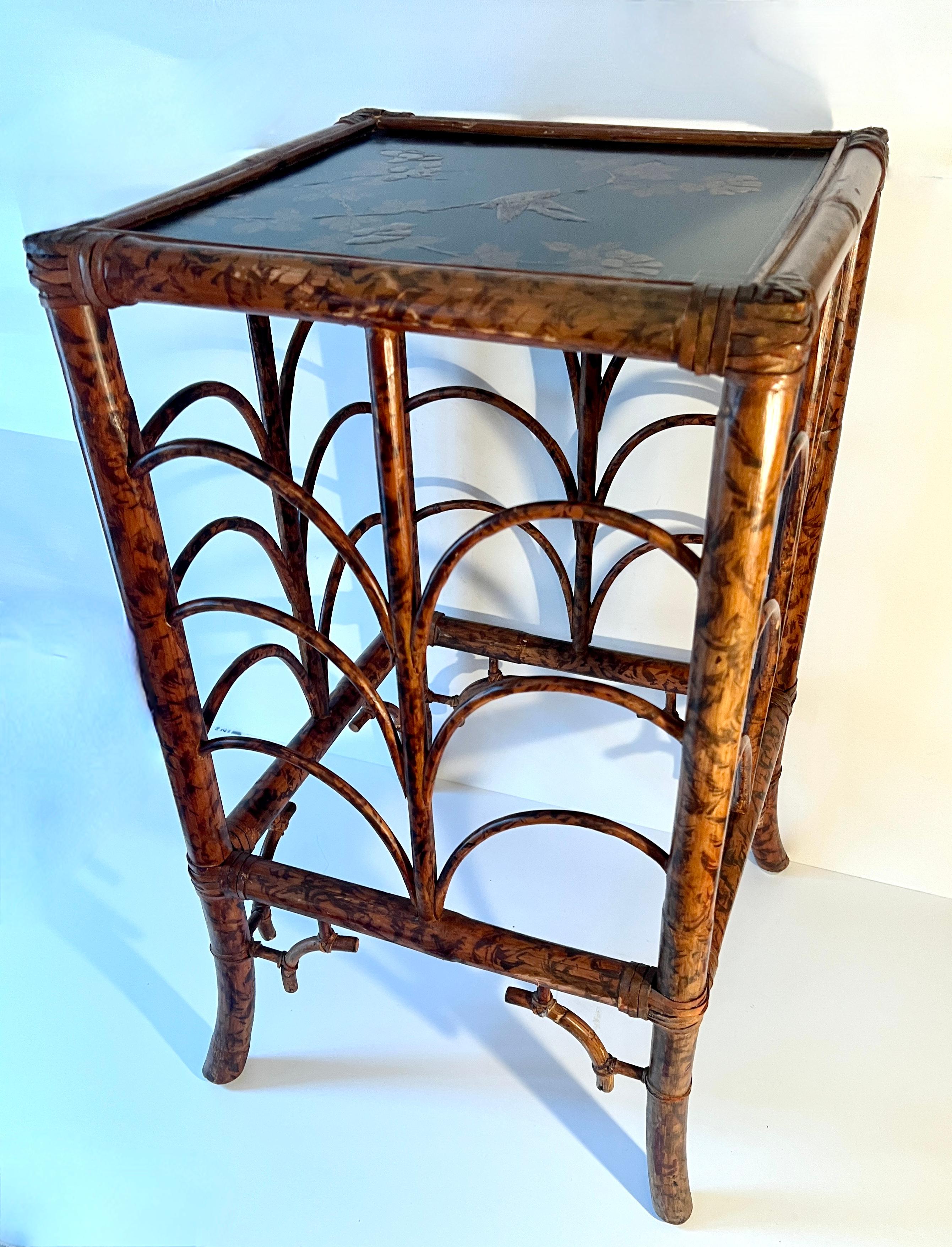 19th Century Tortoise Shell Bamboo Side Table with Chinoiserie Branches and Bird In Good Condition In Los Angeles, CA