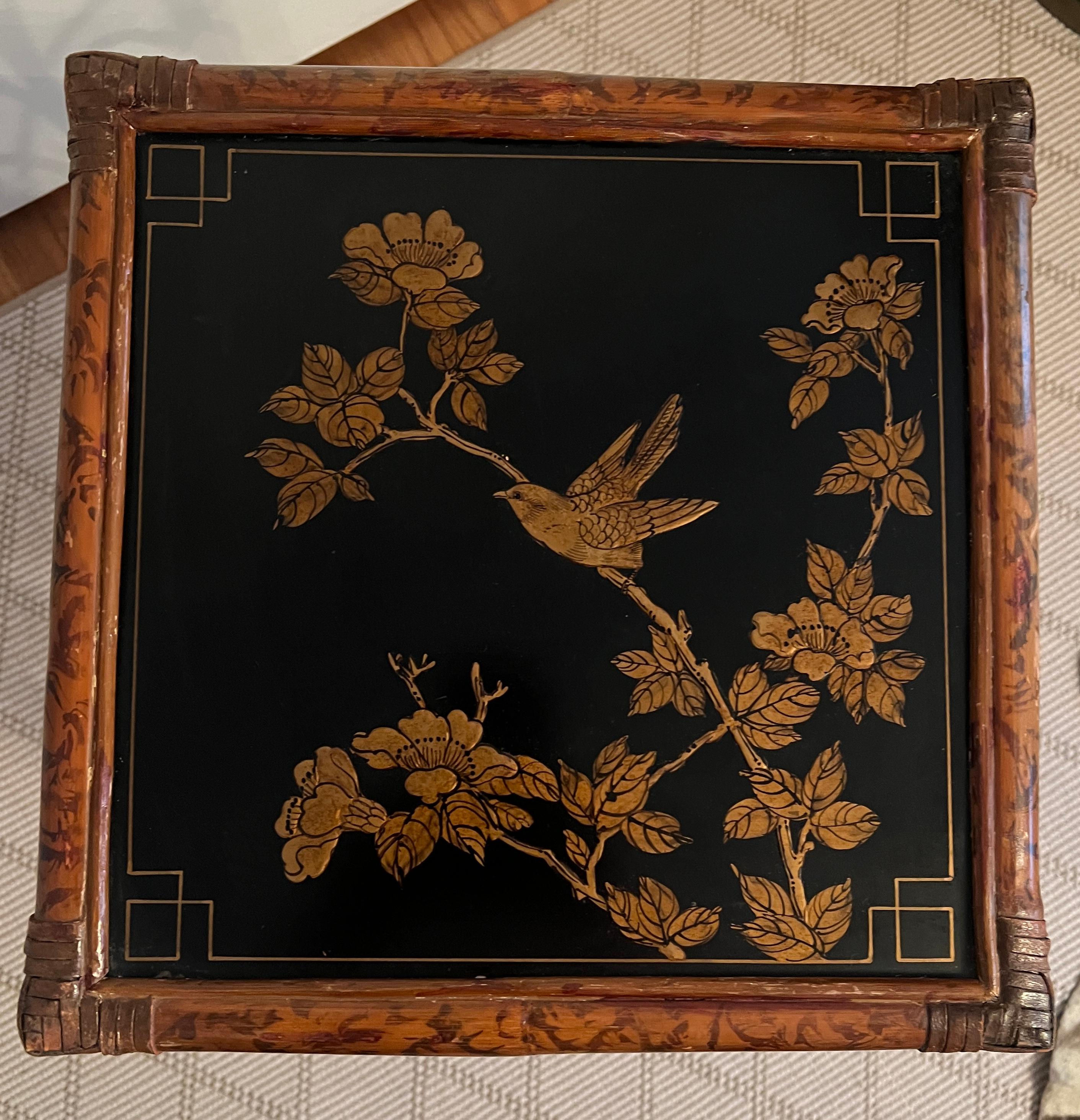 19th Century Tortoise Shell Bamboo Side Table with Chinoiserie Branches and Bird 4