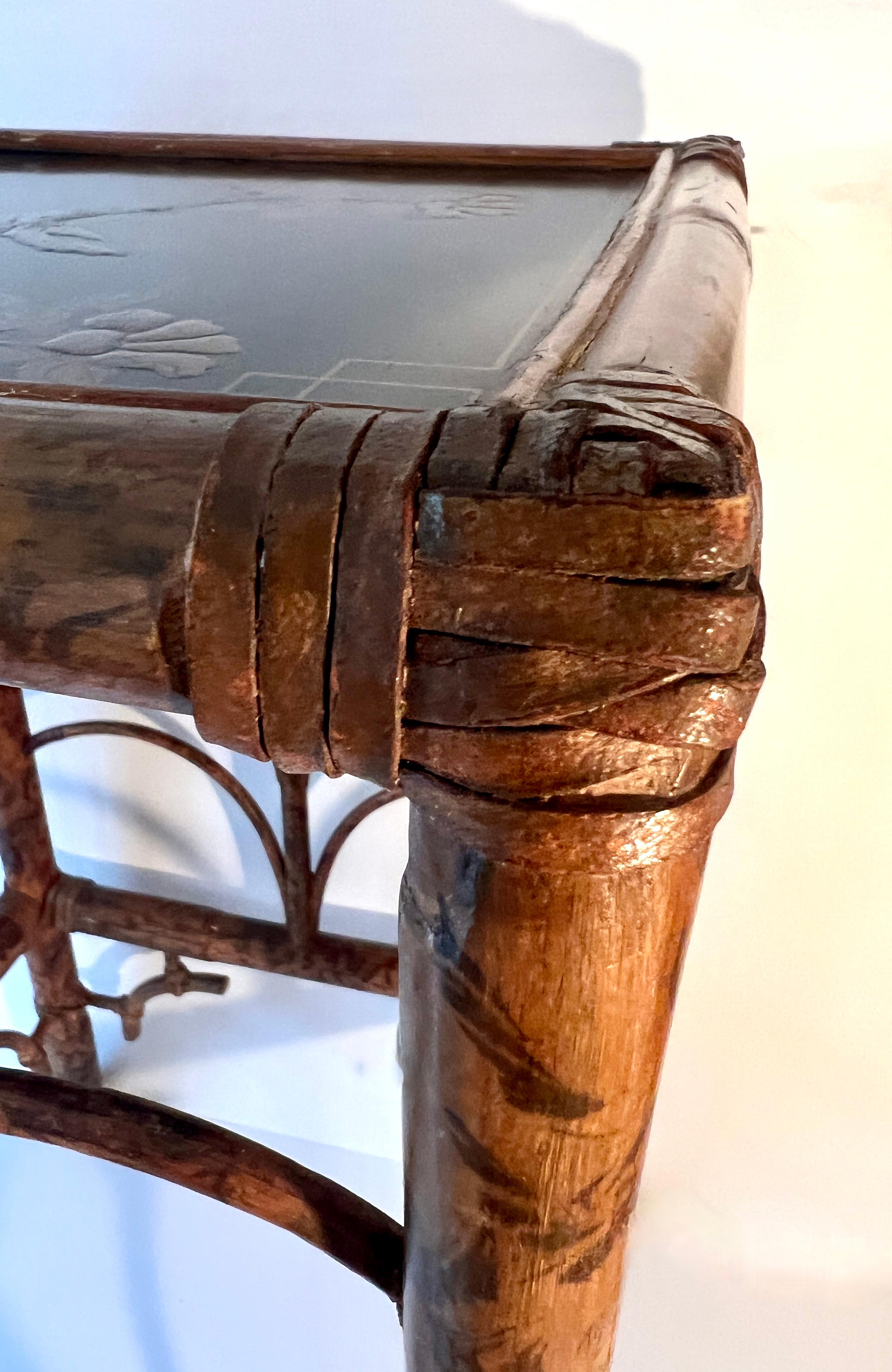 19th Century Tortoise Shell Bamboo Side Table with Chinoiserie Branches and Bird 5