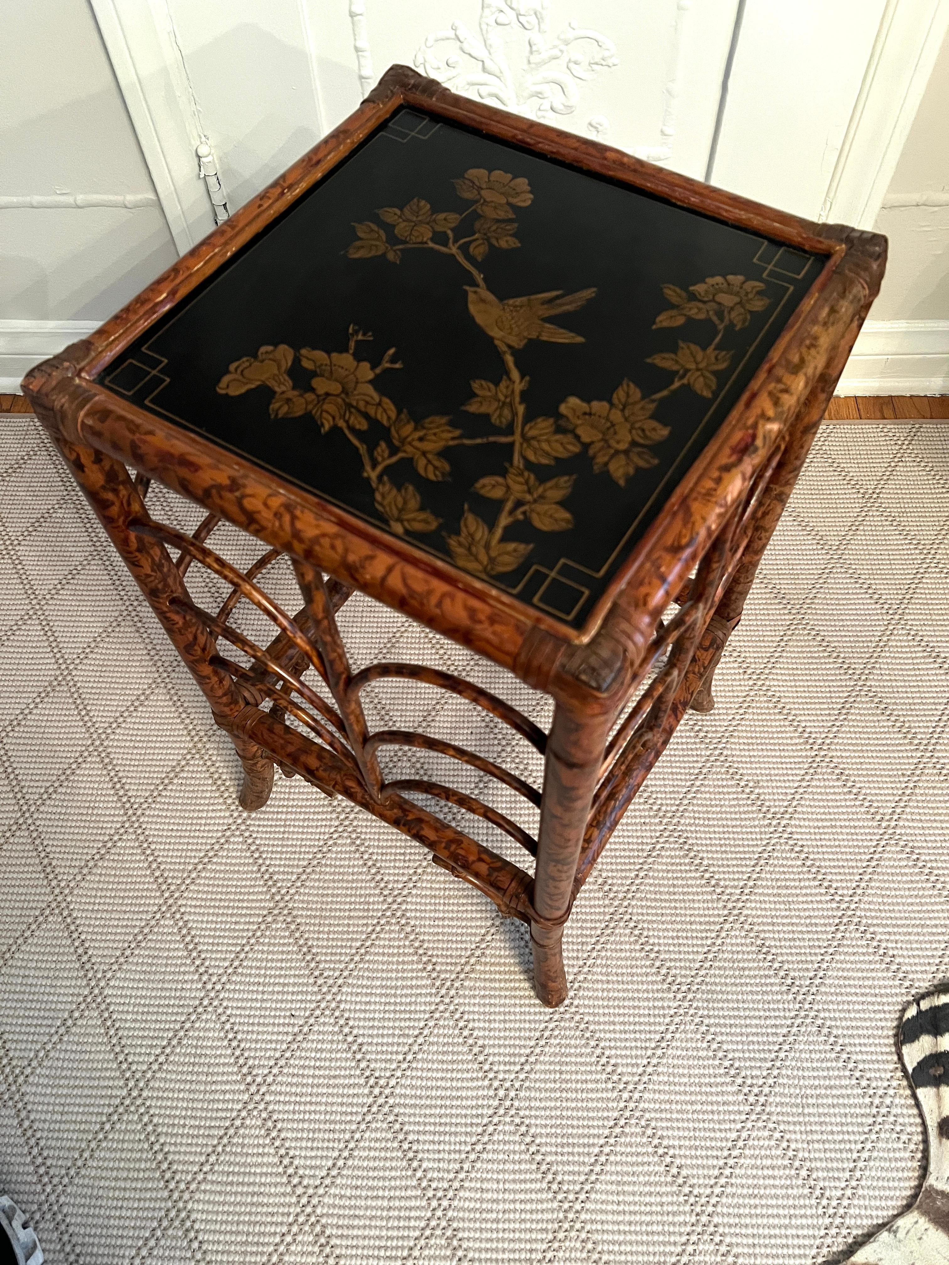 19th Century Tortoise Shell Bamboo Side Table with Chinoiserie Branches and Bird 6