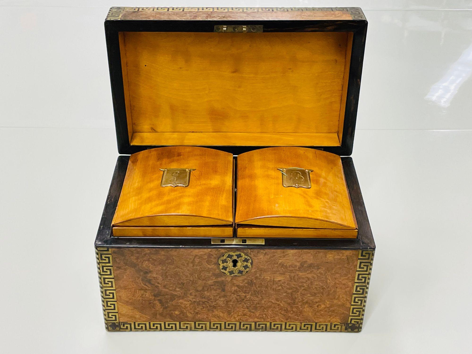 19th Century Tortoise Shell Grain and Greek Key Tea Caddy, Boule, Georgian In Good Condition In Stamford, CT
