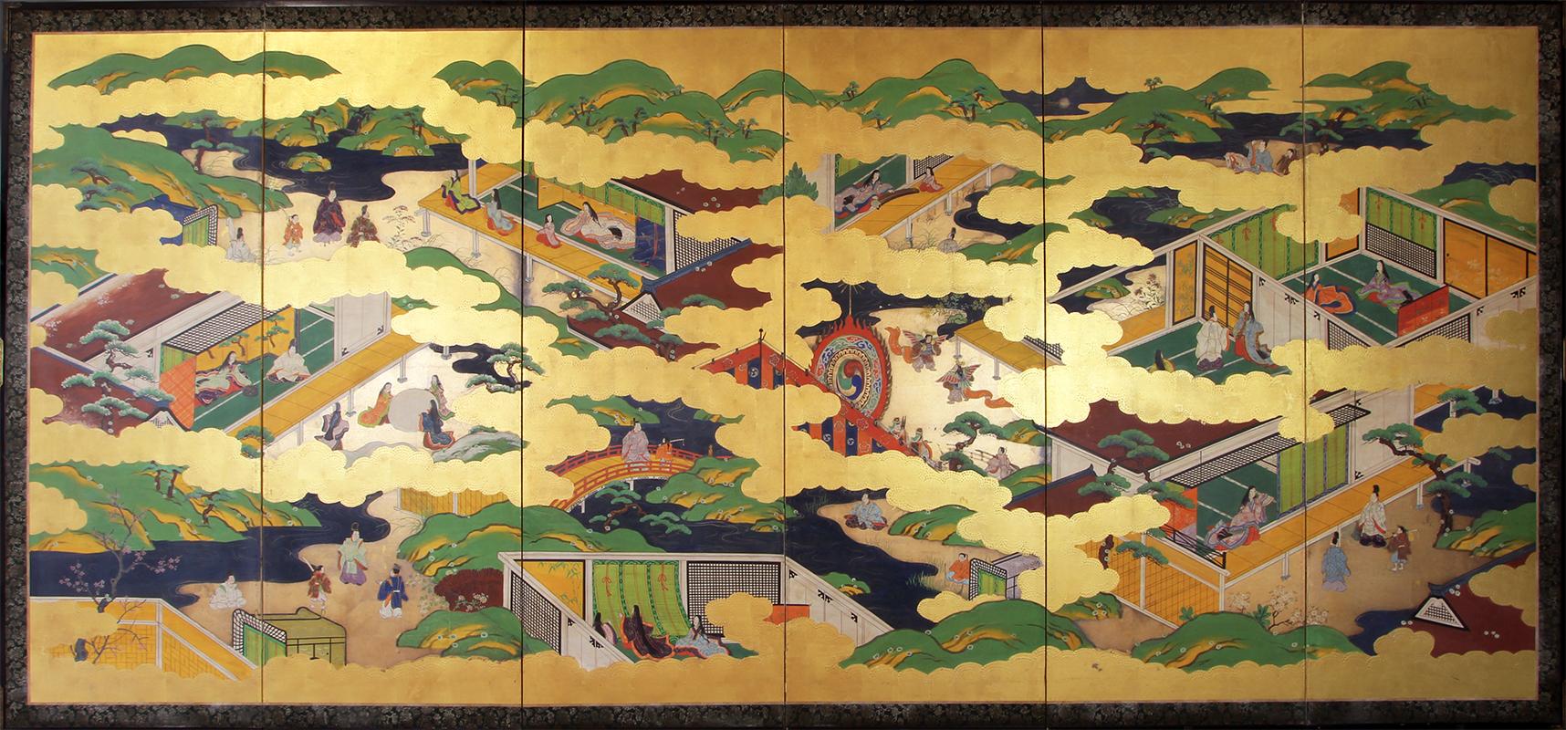 A large six-panel Japanese folding screen, ink, colors, gold and gold leaf on paper, depicting three scenes from Genji monogatari (Tale of Genji), the vignettes dotted with gold clouds in relief.