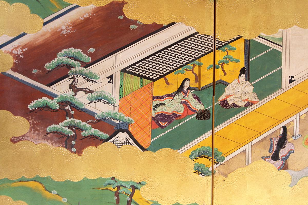 Painted Buddhist 19th Century Tosa School Japanese Folding Screen Six Panels Gold Leaf