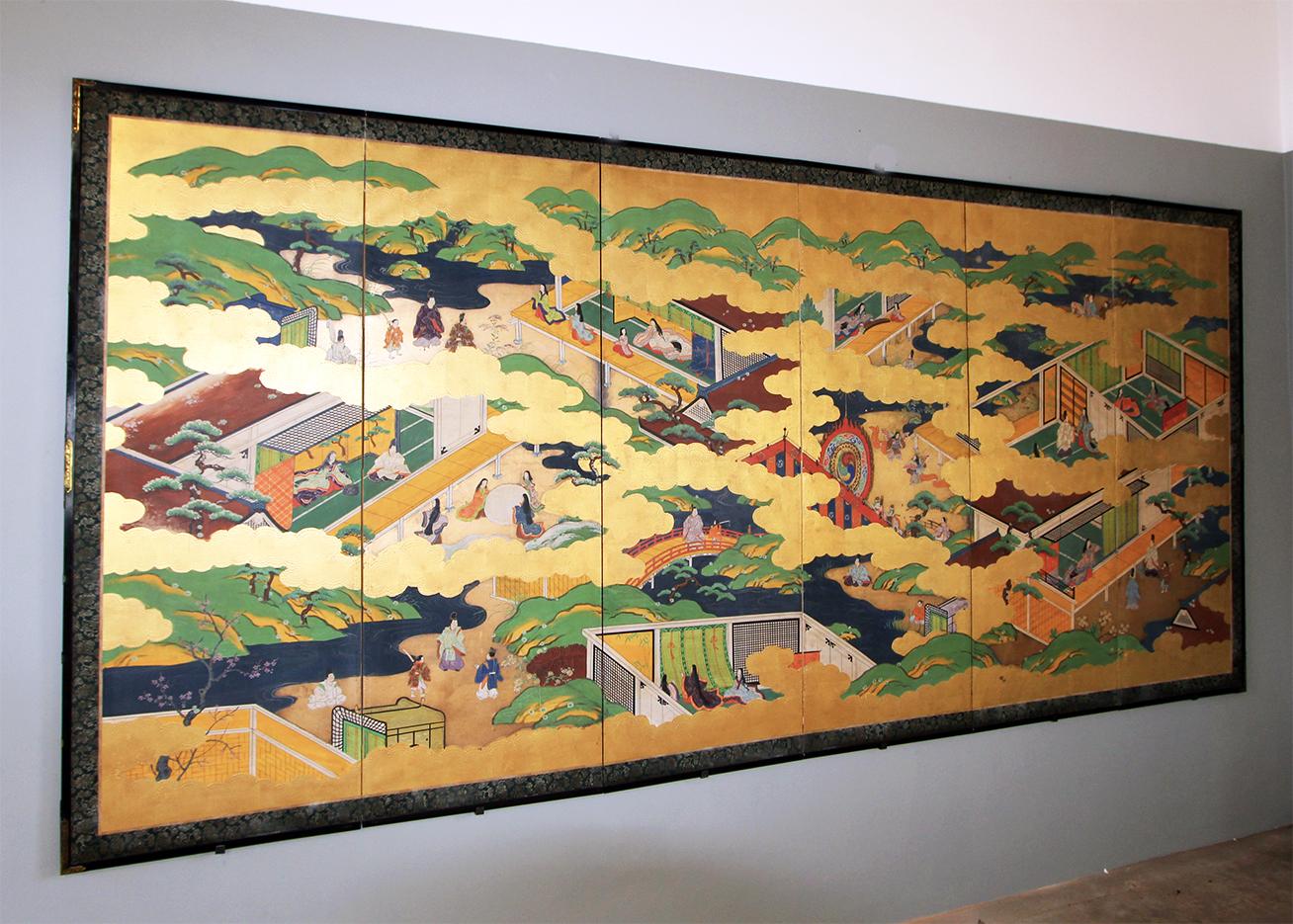 Paper Buddhist 19th Century Tosa School Japanese Folding Screen Six Panels Gold Leaf