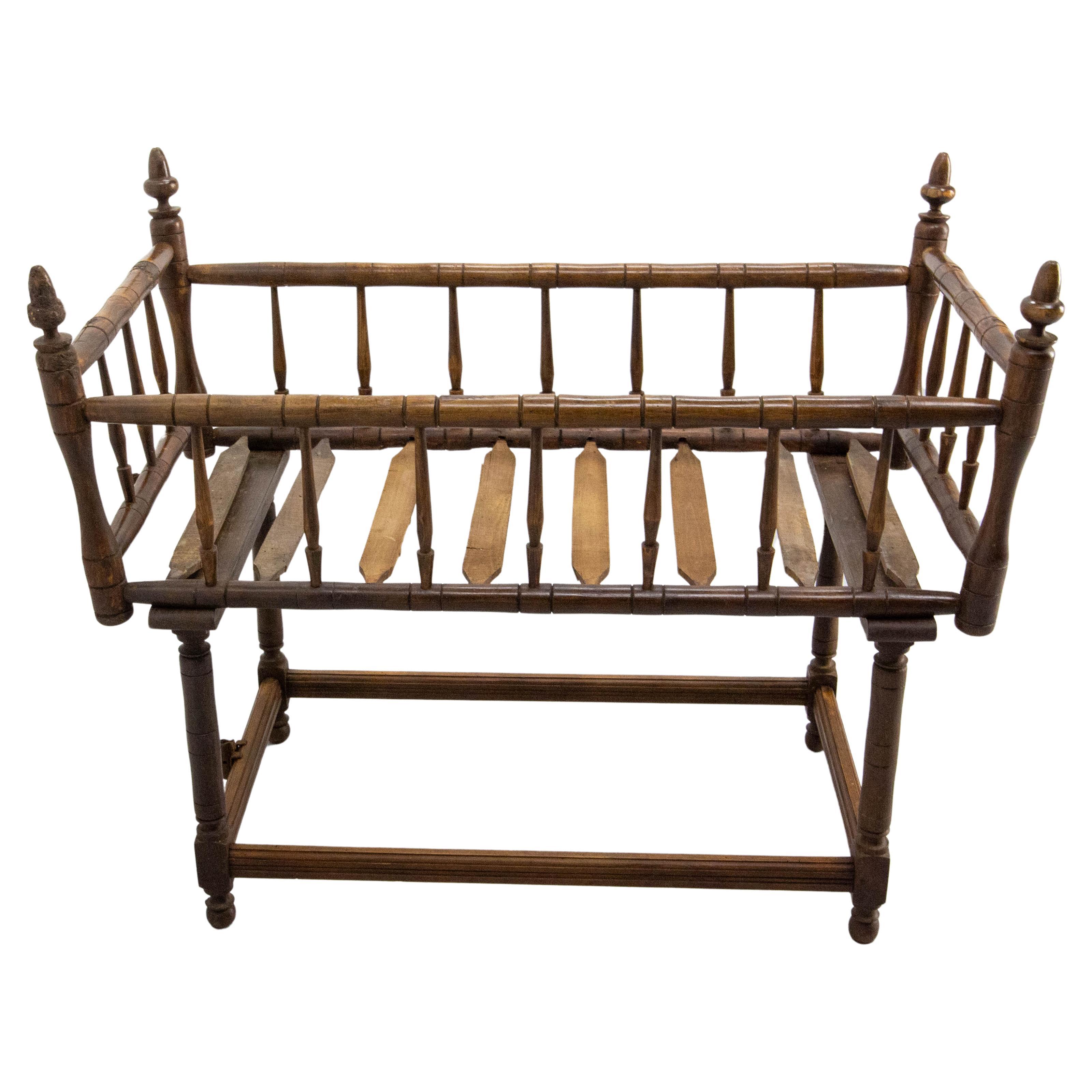 19th Century Toy Chest or Coffer Carved Chestnut Ancient Baby Cradle, French