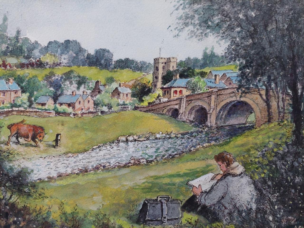 Peinture anglaise traditionnelle du 19ème siècle représentant un dessin d'un artiste dans le Yorkshire en vente 2