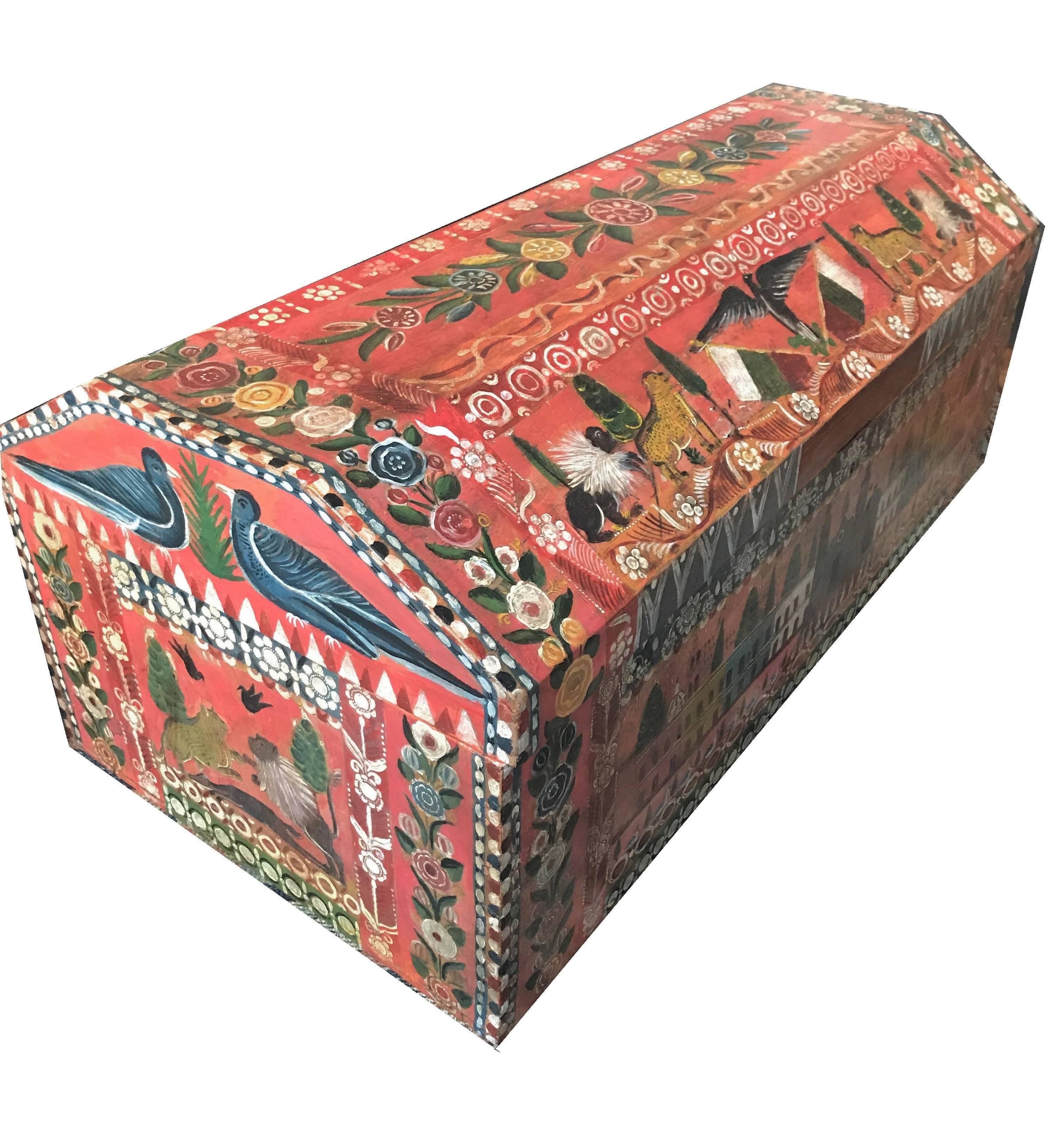 Wood 19th Century, Traditional Mexican Lacquered and Hand-Painted Blanket Chest For Sale