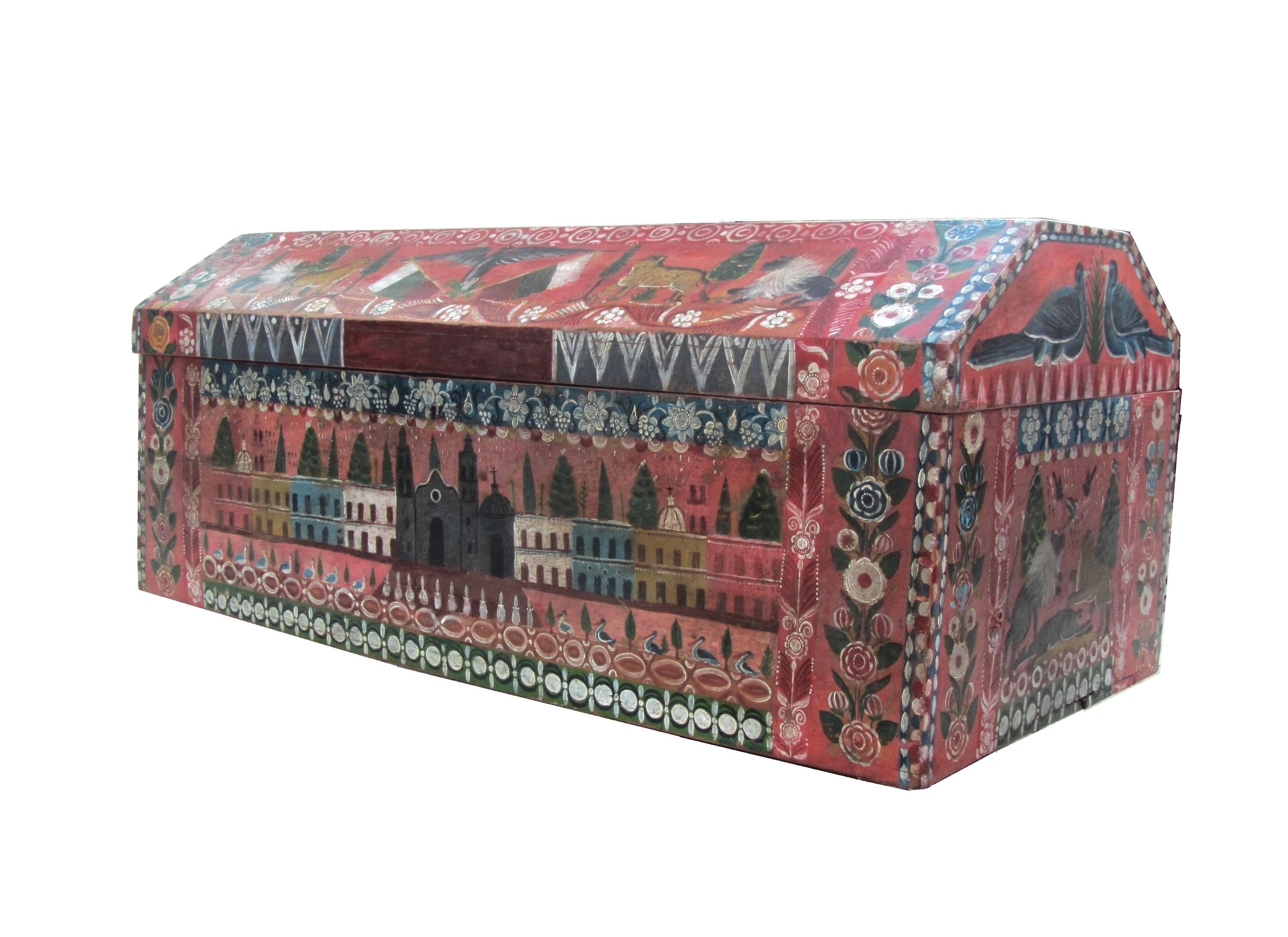 19th Century, Traditional Mexican Lacquered and Hand-Painted Blanket Chest For Sale 2