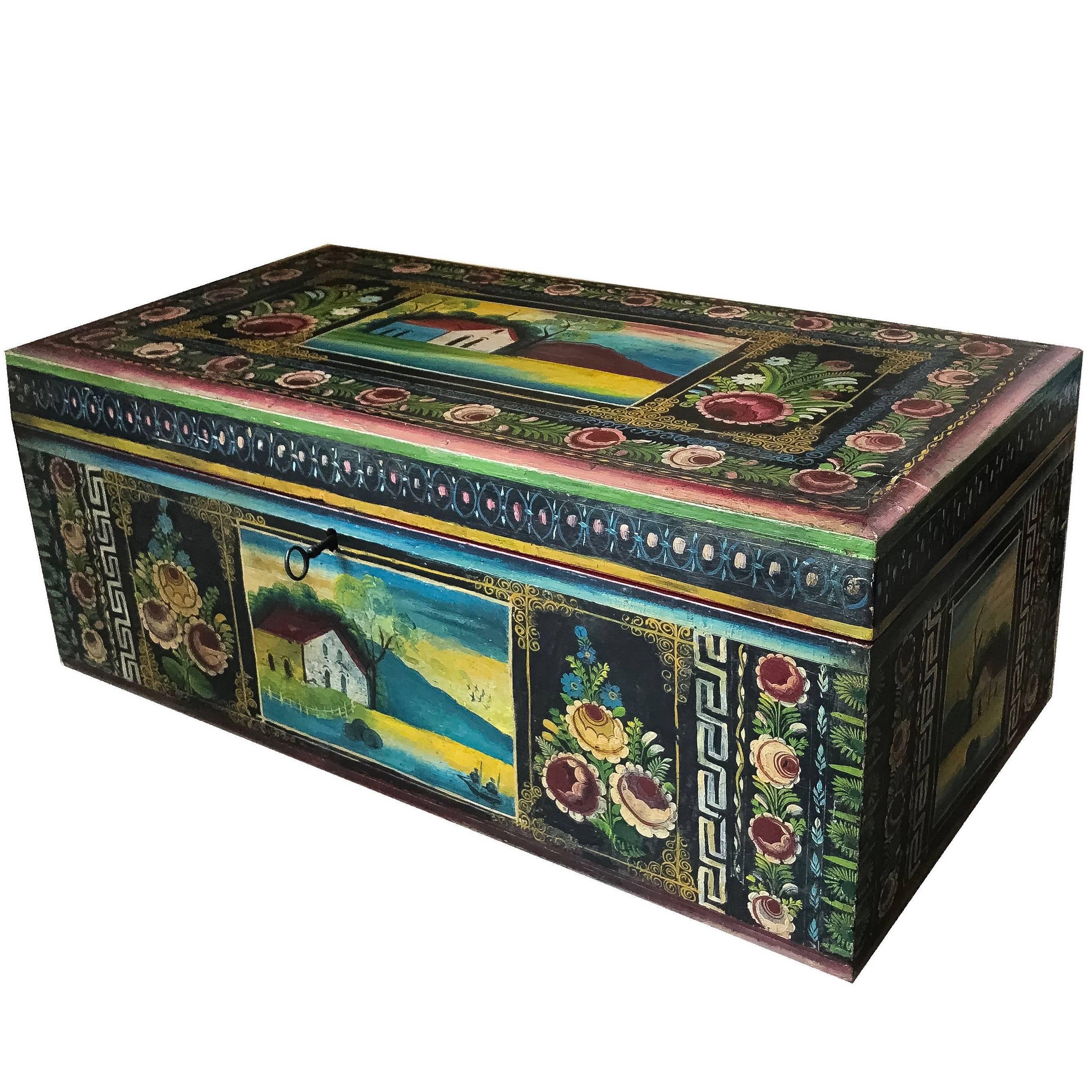 19th Century, Traditional Mexican Lacquered and Hand-Painted Blanket Chest