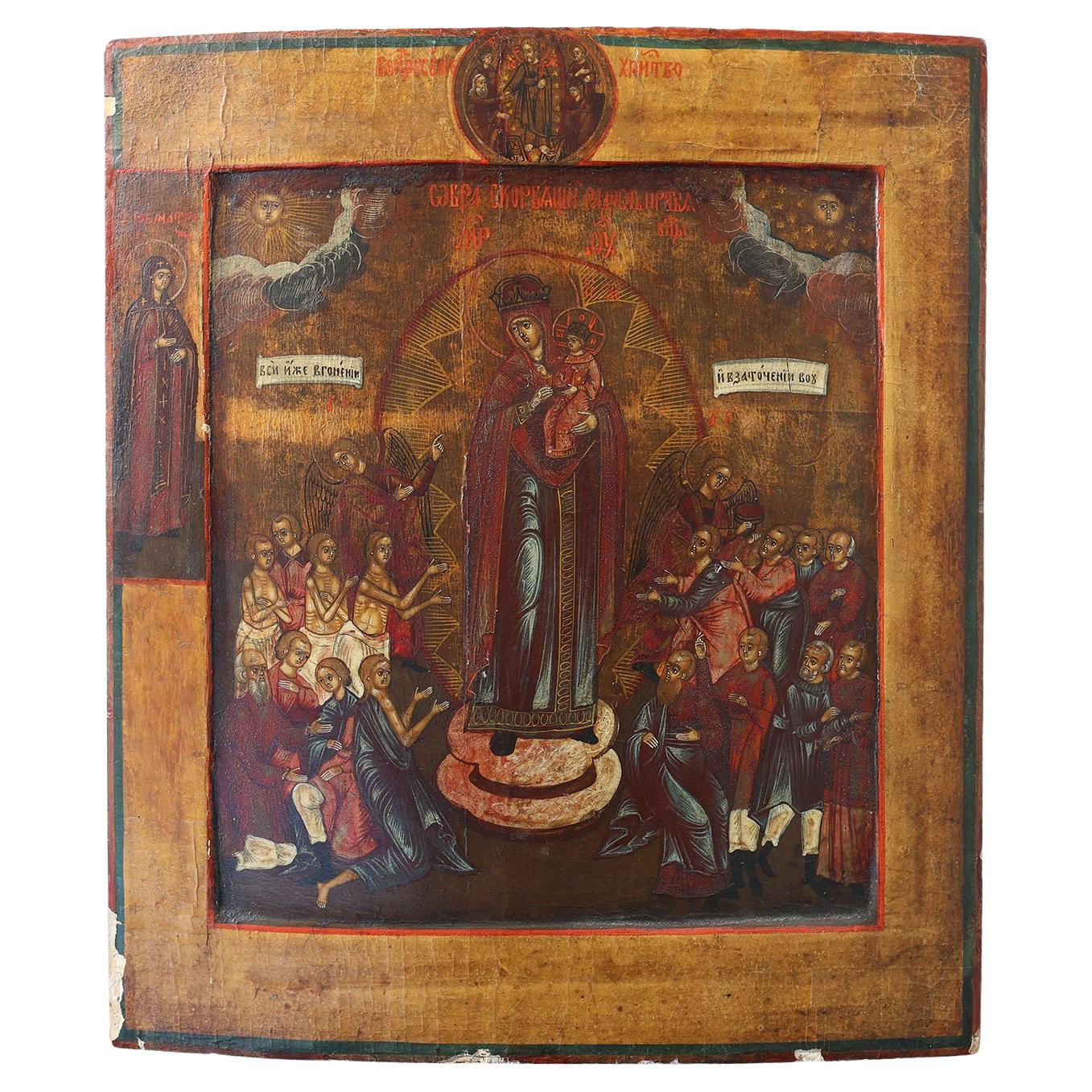 19th Century traditional Russian Icon “Mother of God, Joy of All who Sorrow" For Sale
