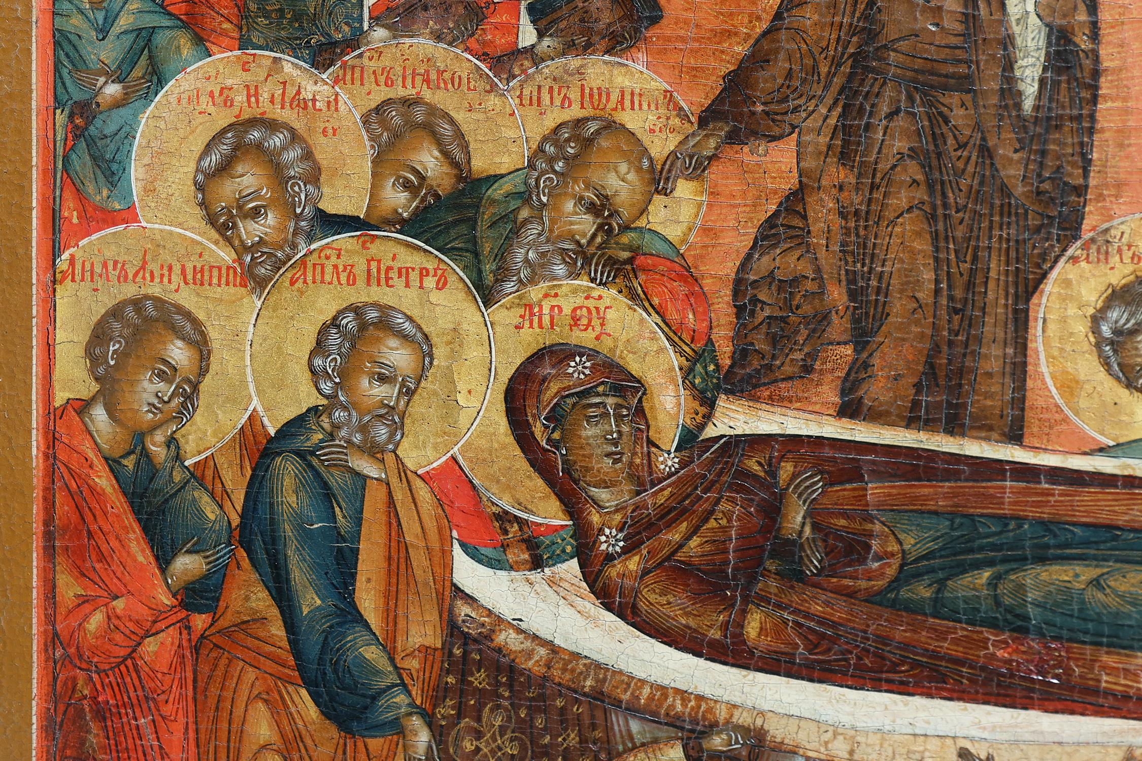 Peint à la main Icône religieuse russe traditionnelle du 19e siècle Dormition de la Sainte Vierge en vente