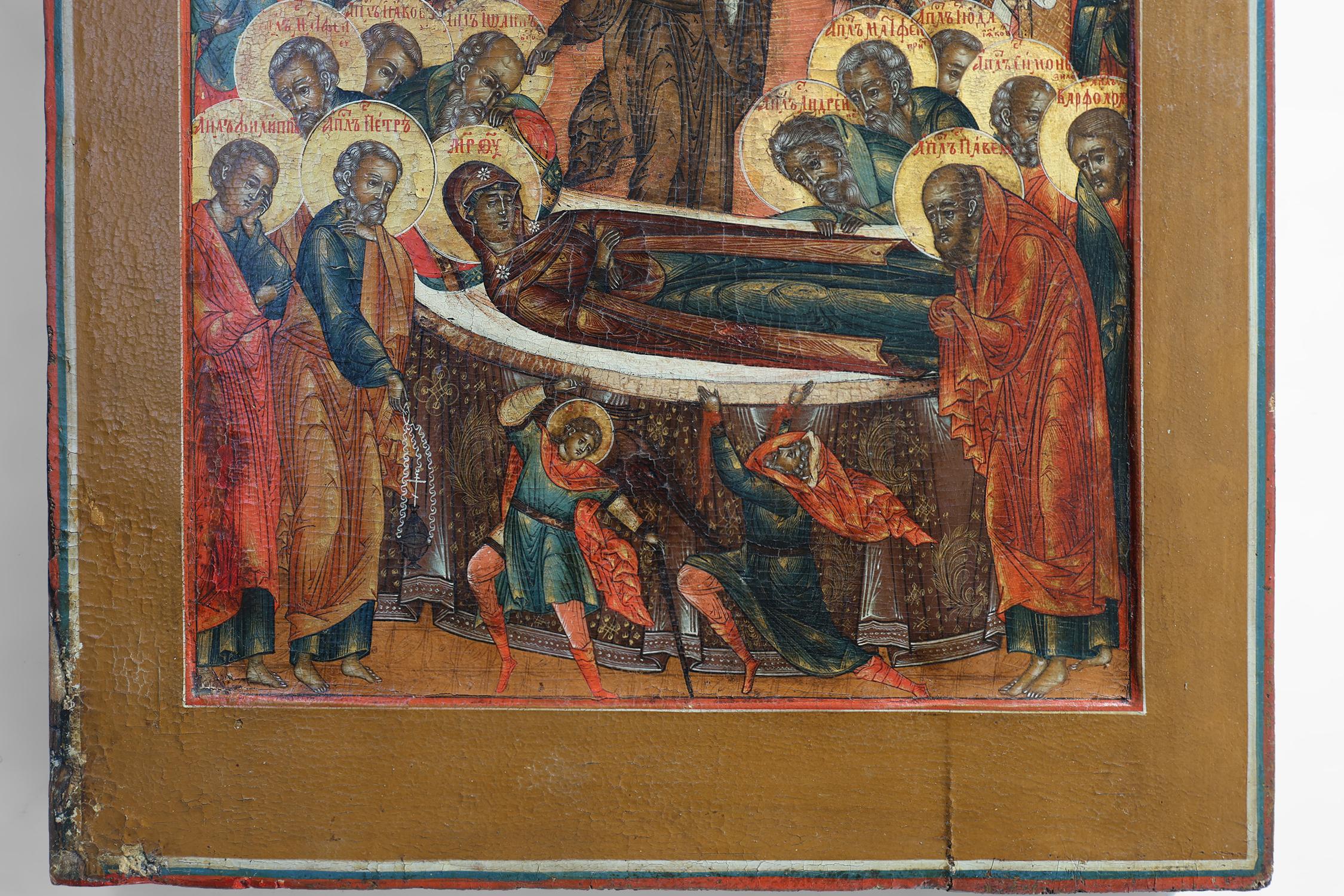 Icône religieuse russe traditionnelle du 19e siècle Dormition de la Sainte Vierge Bon état - En vente à Meulebeke, BE