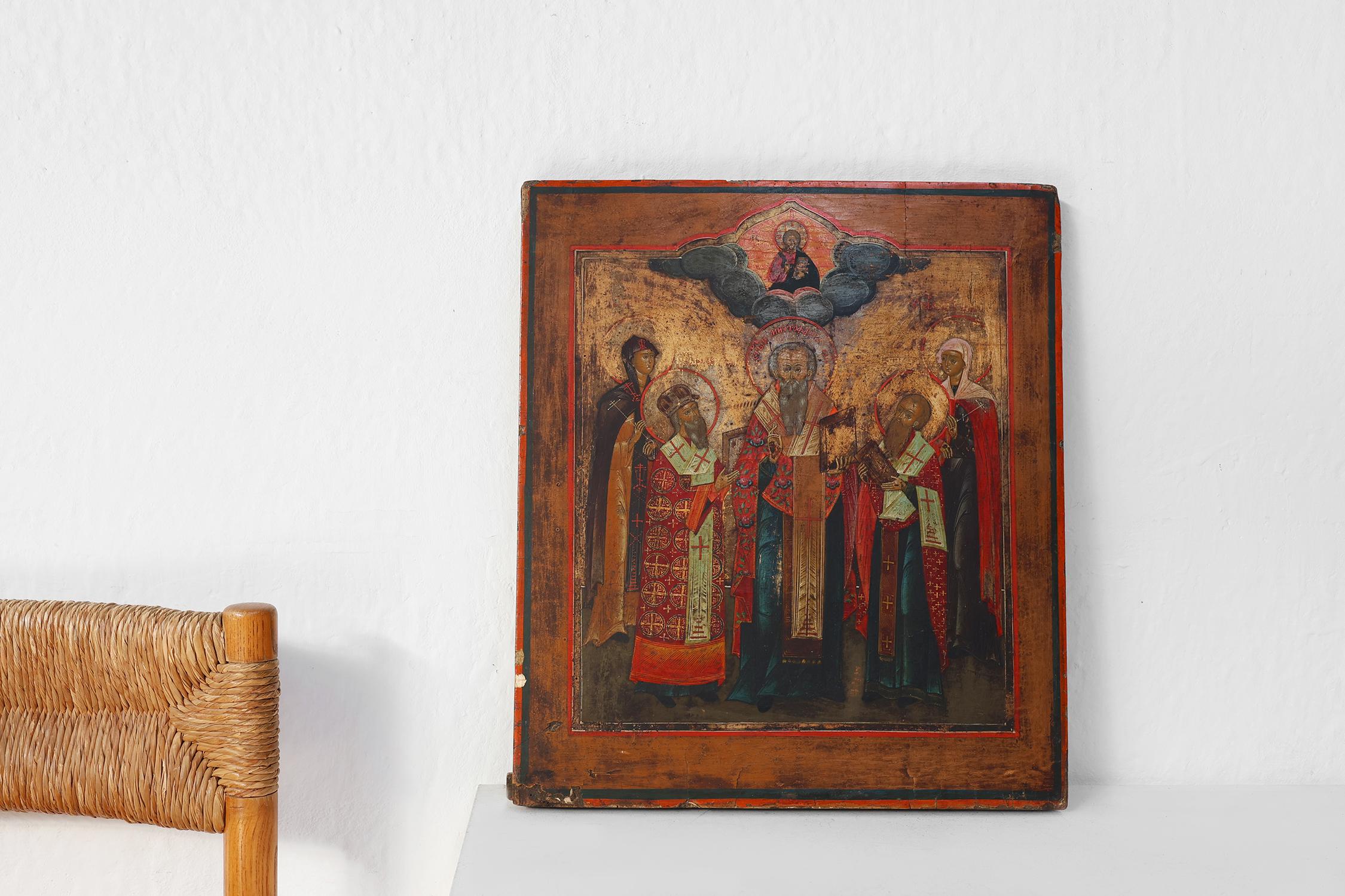 Russia / 19th century / Religious Icon / oak / Baroque / Antique

Traditional antique Russian Icon from the estate of a collector. Hand painted in tempura on an oak wooden panel in the 19th century. 
This rare icon represents five Orthodox Saints