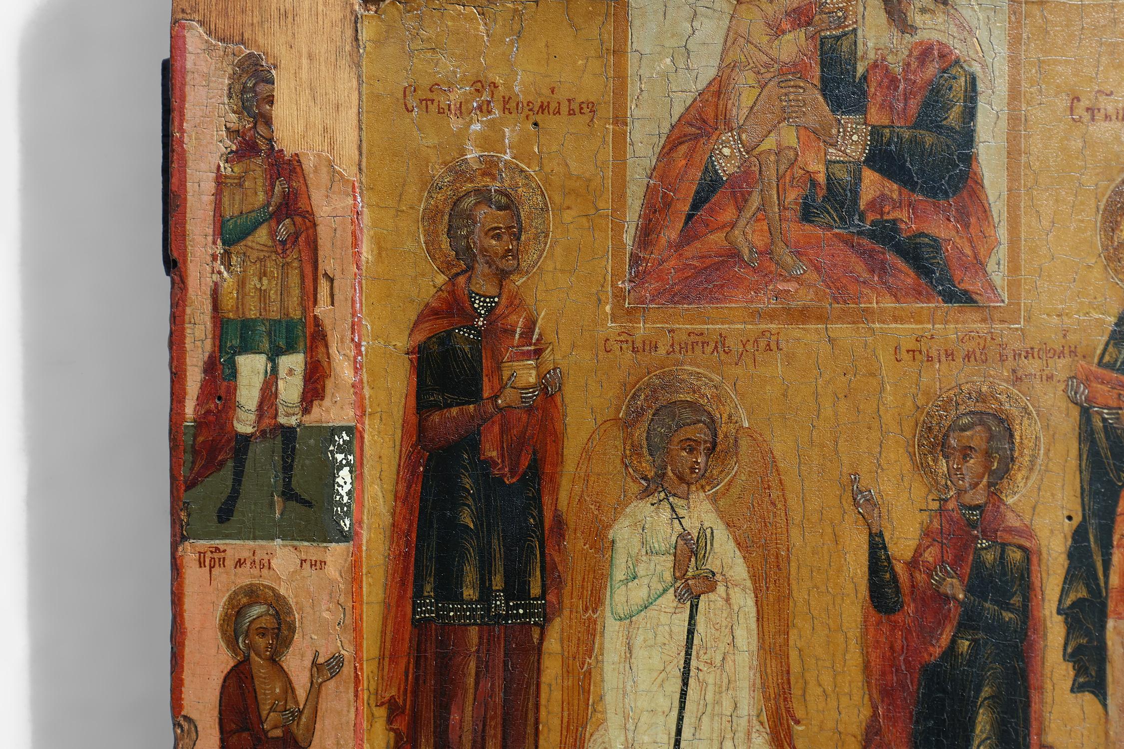 Hand-Painted 19th Century traditional Russian Religious Icon of Mother of Mercy with saints