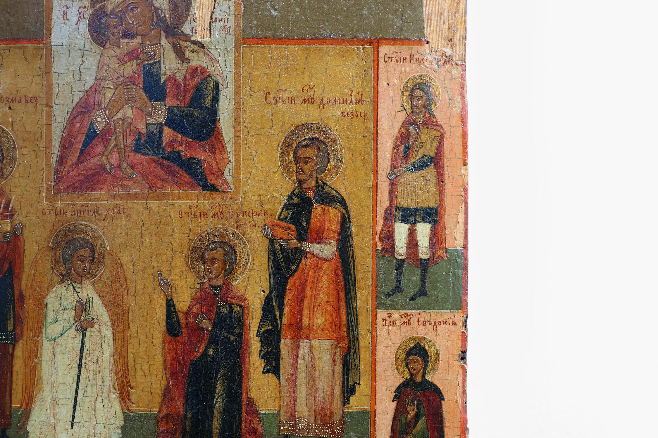 Oak 19th Century traditional Russian Religious Icon of Mother of Mercy with saints
