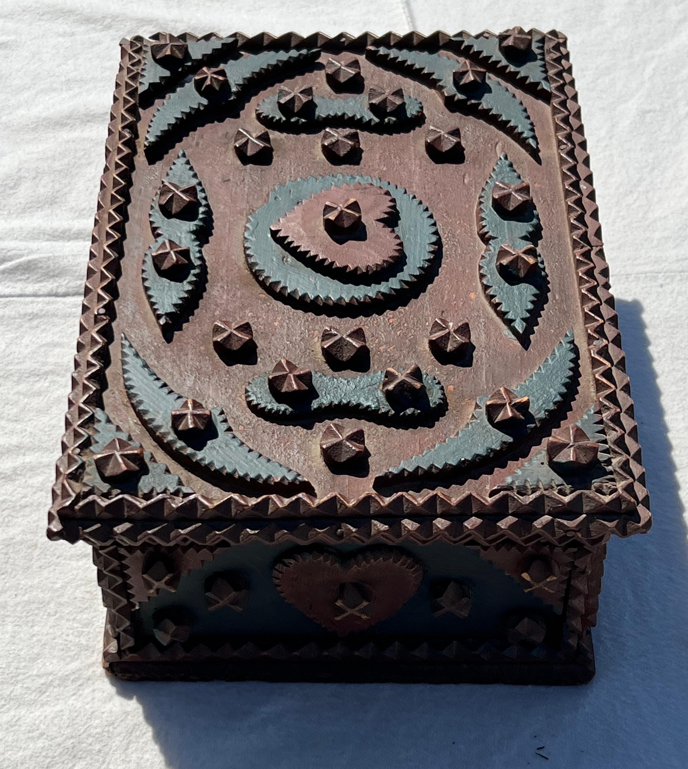 Wood 19th Century Tramp Art Carved Box For Sale