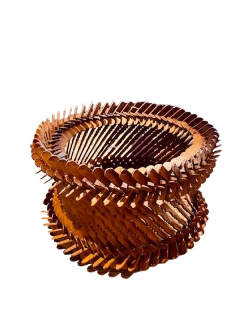 Antique Tramp Art Dish Stand, Late 19th Century, a hand crafted stand or trivet for a dish or bowl, intricately made of an interwoven network of carved and notched wooden splints, crossing and interlocking much like a 