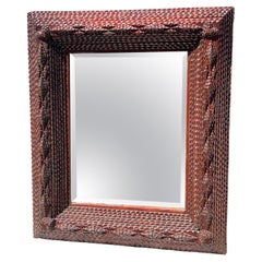 Antique 19th Century Tramp Art Frame with Heart Corners and Inset Mirror