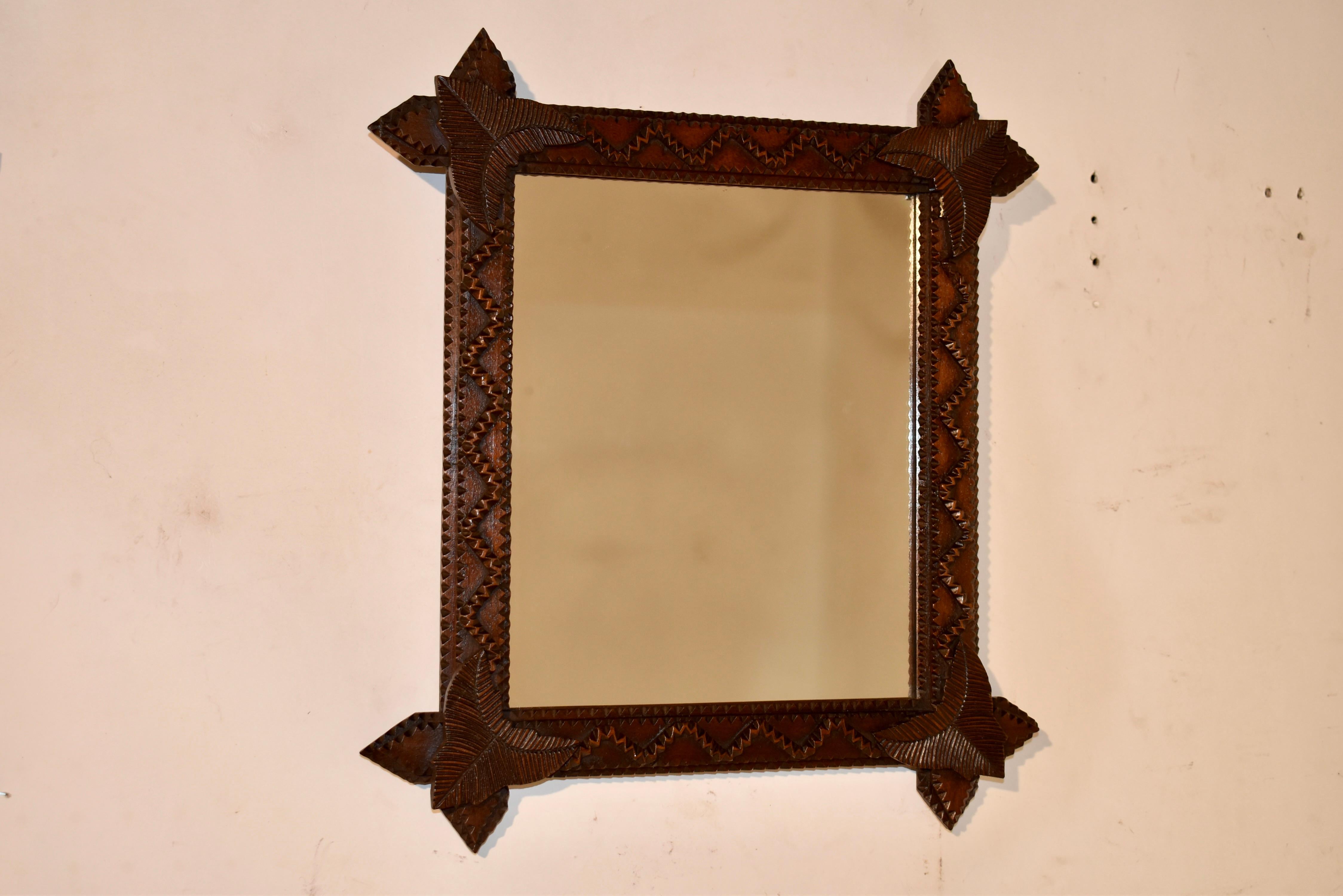 Legno di alberi da frutto Specchio Tramp Art del XIX secolo