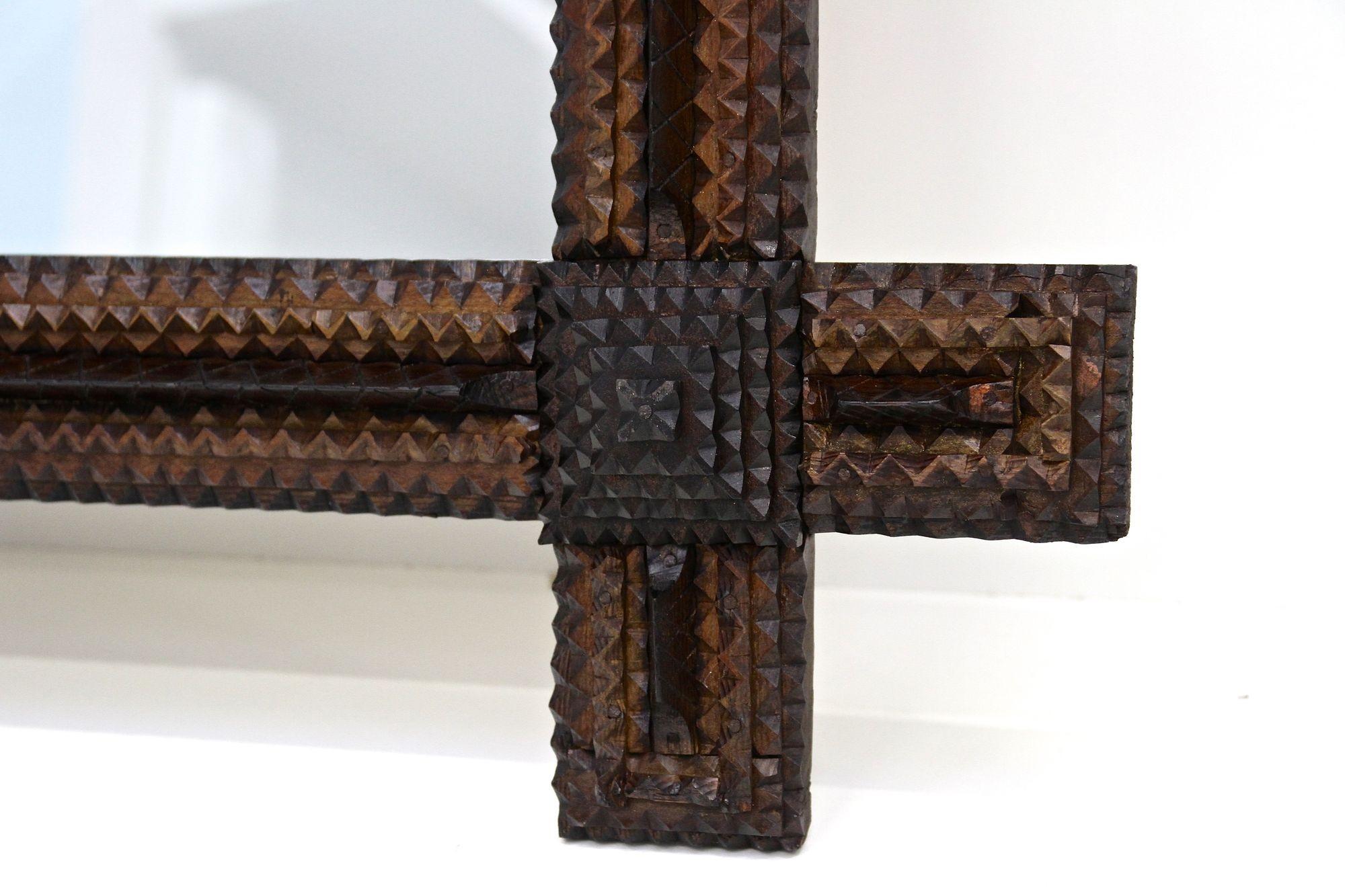 19th Century Tramp Art Rustic Wall Mirror, Handcarved, Austria ca. 1870 1
