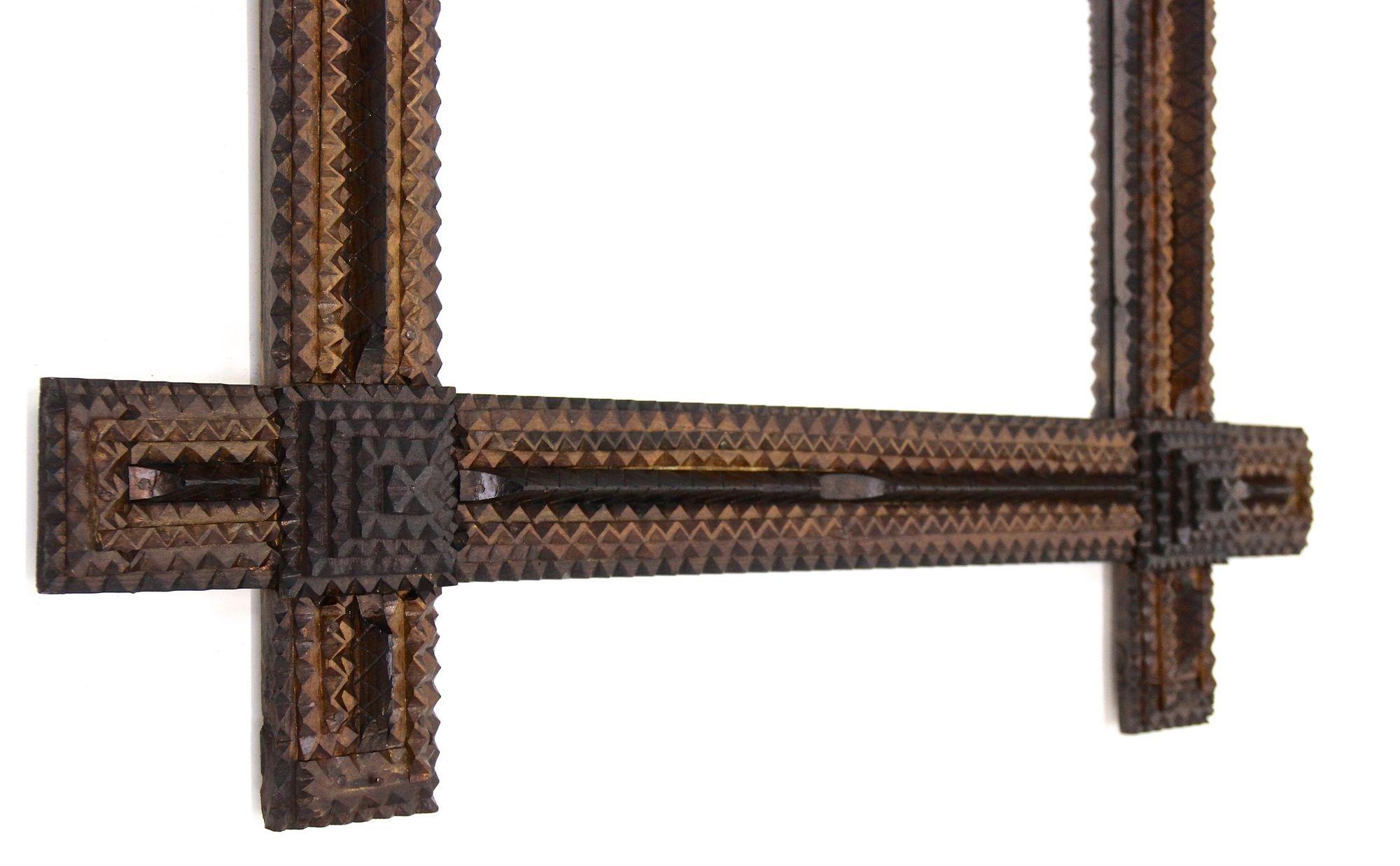 19th Century Tramp Art Rustic Wall Mirror, Handcarved, Austria ca. 1870 2