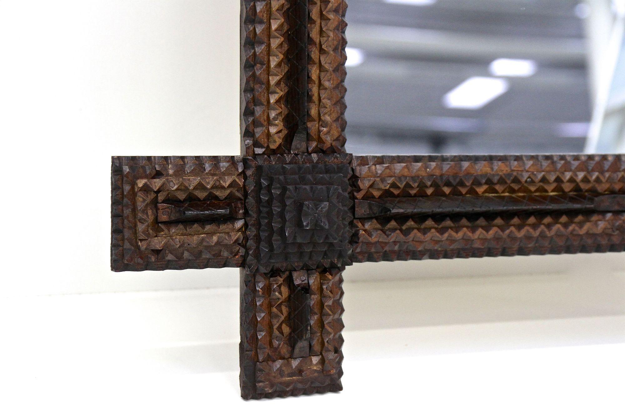 19th Century Tramp Art Rustic Wall Mirror, Handcarved, Austria ca. 1870 3