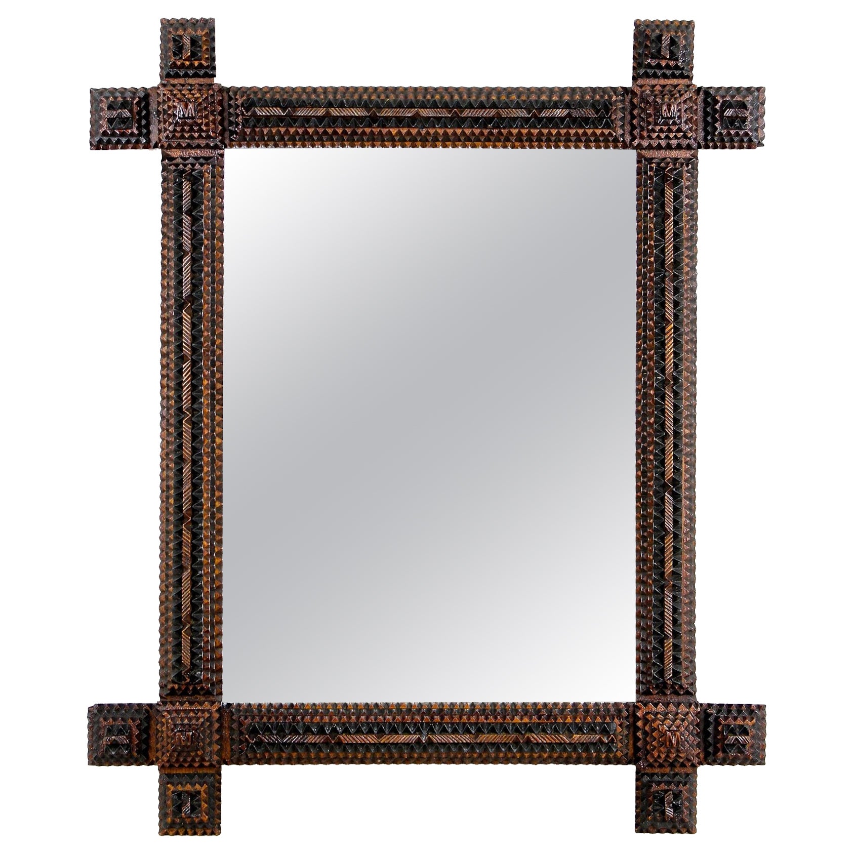 19th Century Tramp Art Rustic Wall Mirror, Handcarved, Austria ca. 1880